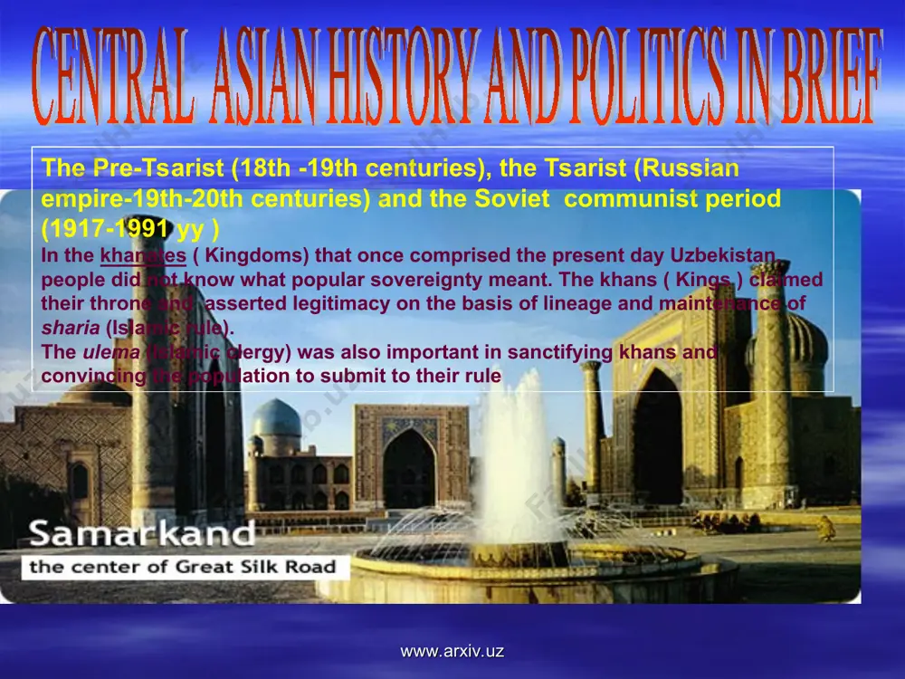 5.67 kyrgizstan 4.69 tajikistan 6.36 turkmenistan. 6.95 0 1 2 3 4 5 6 7 8 1 mean (1992-2006) uzbekistan kazakhistan kyrgizstan tajikistan turkmenistan torture in central asia uzbekistan 6.02 kazakhistan 3.54 kyrgizstan 1.76 tajikistan. 5.66 turkmenistan 6.00 0 1 2 3 4 5 6 7 1 mean torture scale (1992-2006) country uzbekistan kazakhistan kyrgizstan tajikistan turkmenistan rule of law in central asia uzbekistan 2.5 kazakhistan 3.54 kyrgizstan 1.76 tajikistan. 1.66 turkmenistan 2.00 0 0.5 1 1.5 2 2.5 3 3.5 4 1 quality of governance: rule of law scale (1996-2006) country uzbekistan kazakhistan kyrgizstan tajikistan turkmenistan corruption perseption across central asia countries uzbekistan 6.02 kazakhistan 3.54 kyrgizstan 1.76 tajikistan. 5.66 turkmenistan 6.00 0.0 1.0 2.0 3.0 4.0 5.0 6.0 7.0 1 source: transparency international (1992- 2006) country uzbekistan kazakhistan kyrgizstan tajikistan turkmenistan slide 1 www.arxiv.uz www.arxiv.uz the pre-tsarist (18th -19th centuries), the tsarist (russian empire-19th-20th centuries) and the soviet …