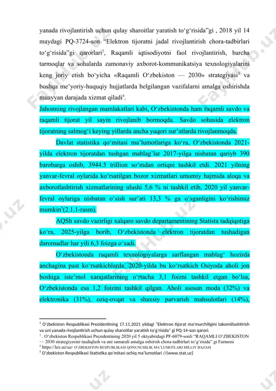 aol rivojlantirish, barcha tarmoqlar va sohalarda zamonaviy axborot-kommunikatsiya texnologiyalarini keng joriy etish bo‘yicha «raqamli o‘zbekiston — 2030» strategiyasi va boshqa meʼyoriy-huquqiy hujjatlarda belgilangan vazifalarni amalga oshirishda muayyan darajada xizmat qiladi . jahonning rivojlangan mamlakatlari kabi, o‘zbekistonda ham raqamli savdo va raqamli tijorat yil sayin rivojlanib bormoqda. savdo sohasida elektron tijoratning salmog‘i keying yillarda ancha yuqori sur’atlarda rivojlanmoqda. davlat statistika qo‘mitasi ma’lumotlariga ko‘ra, o‘zbekistonda 2021-yilda elektron tijoratdan tushgan mablag’lar 2017-yilga nisbatan qariyb 390 barobarga oshib, 3944.5 trillion so‘mdan ortiqni tashkil etdi. 2021 yilning yanvar-fevral oylarida ko‘rsatilgan bozor xizmatlari umumiy hajmida aloqa va axborotlashtirish xizmatlarining ulushi 5,6 % ni tashkil etib, 2020 yil yanvar-fevral oylariga nisbatan o‘sish sur’ati 13,3 % ga o‘sganligini ko‘rishimiz mumkin (2.1.1-rasm). aqsh savdo vazirligi xalqaro savdo departamentining statista tadqiqotiga ko‘ra, 2025-yilga borib, o‘zbekistonda elektron tijoratdan tushadigan daromadlar har yili 6,3 foizga o‘sadi. o‘zbekistonda raqamli texnologiyalarga sarflangan mablag‘ hozirda anchagina past ko‘rsatkichlarda. 2020-yilda bu ko‘rsatkich osiyoda aholi jon boshiga …