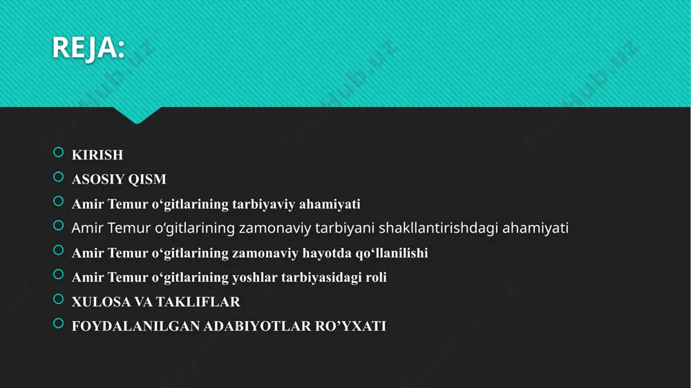 ni kuchaytirish va milliy qadriyatlarni o‘rgatish bo‘yicha olib borilayotgan ishlar ahamiyatli bo‘lib, bu jarayonda tarixiy shaxslarning ta’limiy o‘gitlari muhim o‘rin tutadi". o‘zbekistonning xxi asrda davom etayotgan ijtimoiy, siyosiy va ma’naviy islohotlar jarayonida, amir temurning o‘gitlari zamonaviy yoshlarni tarbiyalashda o‘z hissasini qo‘shishi kerak. amir temur o‘zining tarixiy yo‘nalishida, jamiyatning har bir qatlamiga ta'lim berishda, eng avvalo, insoniy qadriyatlar va adolatni ilgari surgan. amir temur o‘zining buyuk harbiy mahorati, siyosiy donoligi va davlat boshqaruvidagi yuksak bilimlari bilan birga, ma'naviyat va tarbiya sohasida ham qimmatli o‘gitlar qoldirgan. uning harbiy muvaffaqiyatlari, hukmronlikka bo‘lgan qobiliyati nafaqat siyosatga, balki o‘sha davrda yoshlarni tarbiyalashga ham bevosita ta’sir ko‘rsatgan. temur o‘zining muvaffaqiyatlaridan kelib chiqqan holda, tarixda milliy va axloqiy qadriyatlarni rivojlantirishni asosiy maqsadlaridan biri sifatida belgilagan. amir temur o‘gitlarining zamonaviy tarbiyani shakllantirishdagi ahamiyati amir temur o‘gitlari nafaqat o‘z davrida, balki hozirgi kunda ham tarbiyaning asosiy qadriyatlari sifatida katta ahamiyat kasb etadi. temur o‘gitlarining zamonaviy tarbiya jarayoniga ta’siri yoshlarning …