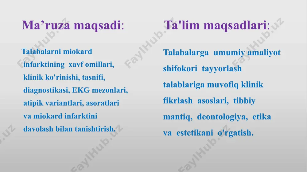 ir yurak etishmov-chiligi, yurakning yorilishi, oshqozon-ichak traktining o'tkir zararlanishi, epistenokardial perikardit, yurakning o'tkir anevrizmasi, papiller mushaklarning shikastlanishi, tromboembolik asoratlar, ritm va o'tkazuvchanlikning buzilishi. kechki asoratlari infarktdan keyingi sindromi (dressler sindromi) surunkali yurak anevrizmasi surunkali yurak etishmovchiligi ritm va o'tkazuvchanlikning buzilishi. o'tkir koronar sindrom(o’кs) - yuik ning klinik simptomlari va alomatlari guruhi bo'lib, o'tkir miokard infarkti yoki ns ga shubha qilinadi. bu bitta patofiziologik jarayonga asoslangan - tromboz, yorilish sohasida hosil bo'ladigan aterosklerotik plakcha yoki endoteliyning shikastlanishi (eroziyasi). o’кs - bu mi yoki ns tashxisini tasdiqlash yoki rad etishning iloji bo'lmaganda kasallikning kuchayishi boshlangandan keyingi dastlabki soatlarda bemorlarni boshqarish uchun maqbul taktikani tanlashga yordam beradigan dastlabki tashxis. 1. o'tkir koronar sindrom, rs-t segmentining doimiy ko'tarilishi yoki giss tutami chap oyoqchasining "yangi", yoki birinchi marta paydo bo'lgan blokadasi. 2. rs-t segmentining doimiy ko'tarilishisiz o'tkir koronar sindrom. rs-t ko'tarilishi bilan kechadigan o’ks mexanizmi: a - koronar arteriyani tromb bilan to'liq to'sib qo'yish; rs-t …