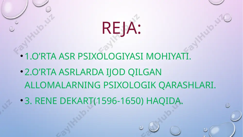 o’rta osiyoda keng ommalashtirgan, shuning uchun g’arbda ikkinchi muallim degan nom olgan. farobiy yozgan asarlaridan bizning e’tiborimizga falsafa, pedagogika, psixologiya, etika-estetika bo’yicha asarlari qiziqtiradi. farobiyning fikricha muhit va tarbiyaning ta’sirida inson shaxsining ahloqiy sifatlari shakllanadi. ahloq-tushunchasi farobiy inson xarakteri bilan chambarchas bog’liq deb hisoblaydi. chunki xarakterdagi har bir xislatlarni yaxshi tomonga qaratib o’zgartirish mumkin. shunga asosan inson ahloqini faqat yaxshi tomonga qaratib o’zgartirish mumkin. uning fikricha inson shaxsining barkamol shakllanishi uchun 4 ta to’siq bor: hurmatsizlik ahloqsizlik o’zgaruvchanlik ikkilanish bundan tashqari farobiy tarbiyaning qattiq va yumshoqligi haqida ham o’z fikrlarini bayon qiladi. bu o’z navbatida tarbiya psixologiyasining asosiy g’oyasi va metodlaridan biri hisoblanadi. uning fikricha shogirdga ta’lim-tarbiya berishda haddan tashqari qattiqqo’llik ustozga nafrat hissini uyg’otadi. uning ruhida o’z ustoziga nisbatan qarama-qarshilikni yuzaga keltiradi. tarbiyadagi haddan tashqari yumshoqlik esa, shogirdga ustozga nisbatan mensimaslik hissini yuzaga ketiradi. u o’z ustozini aldashga va ustidan kulishga harakat qiladi, deb tushunadi. farobiy psixologiya sohasida aniq …