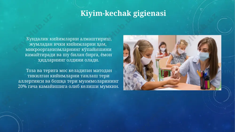 ilarli darajada kamaytiradi. qo'l gigienasi nafaqat qo'llarni yuvibgina qolmay, tirnoqlarni muntazam tozalash, qo'l antiseptiklaridan foydalanish va jamoat joylarida qo'llarni tekkizishdan saqlanishni ham o'z ichiga oladi. infeksiyadan himoya virusli va bakteriyalar infeksiyalarining oldini olishda shaxsiy gigiena vositalaridan, jumladan, antiseptiklar va niqoblardan muntazam foydalanish juda muhim, bu esa kasallanish xavfini 50% gacha pasaytiradi. to'g'ri qo'l yuvish texnikasini o'rgatish infektsiyalar xavfini 80% ga kamaytirishi mumkin, bu esa kasalliklarning tarqalishini sezilarli darajada oldini oladi. e'tiboringiz uchun rahmat @taqdimot_robot image3.png image4.jpg image5.jpg image6.jpg image7.jpg image8.jpg image9.jpg image10.jpg image11.jpg image12.jpg image13.jpg image14.jpg image15.jpg