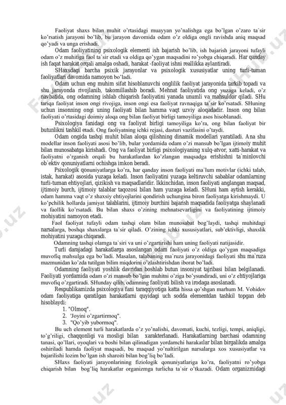 adi. onglilik, jamiyatga a`zo bo’lish, jamiyat taraqqiyotida faol ishtirok etish kabi jarayonlarda shaxsning o’zligi namoyon bo’ladi. odamdagi o’zlik uning xulq-atvorida, boshqalar bilan munosabatlarida, irodaviy harakatlarida, qobiliyati va qiziqishlarida ifodalanadi hamda uning ijtimoiy mavqeini belgilaydi. odam shaxs bo’lib dunyoga kelmaydi, balki u ijtimoiy taraqqiyot jarayonida shaxslik belgilariga ega bo’la boradi. hadisi sharifda aytilganidek, har bir go’dak islom tabiatida tug’iladi, so’ng ota-onasi uni yo yahudiy, nasroniy, yo majusiy qiladi. demak, odamning shaxsiy xususiyatlarini u mansub bo’lgan ijtimoiy-tarixiy sharoitdan, uning bu sharoitda egallagan mavqeidan ajralgan holda qarash mumkin emas. tarixiy sharoit va ijtimoiy muhit ta`sirida odamning shaxslik mohiyatini ifodalovchi psixologik belgilar vujudga keladi. bu xususiyatlar shaxsning ijtimoiyligi, ongi, o’z-o’zini anglashi, aniq maqsad sari intilish ehtiyojlari, e`tiqodi, ideali va dunyoqarashi kabilardir. amaliy faoliyat jarayonida shaxsning boshqalar bilan bo’lgan munosabatlari yig’indisi uning ijtimoiyligidir. odam boshqalar bilan munosabatda bo’lgandagina unda ong paydo bo’ladi va psixik hayot muayyan mazmun kasb etadi. odam ongining yuksak belgisi o’z-o’zini anglashidir. …
