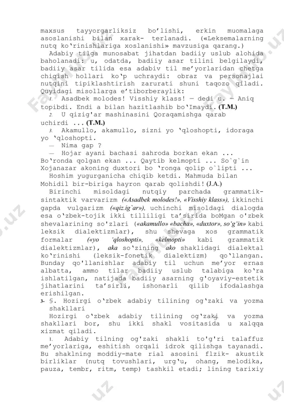 zarurati shuni taqozo qiladi. quyidagi misollarga e’tiborberaylik: 1. asadbek molodes! visshiy klass! — dedi u. — aniq topibdi. endi a bilan hazitlashib bo‘imaydi. (t.m.) 2. u qizig'ar mashinasini qoraqamishga qarab uchirdi ... (t.m.) 3. akamullo, akamullo, sizni yo ‘qloshopti, idoraga yo ‘qloshopti. · nima gap ? · hojar ayani bachasi sahroda borkan ekan ... bo‘ronda qolgan ekan ... qaytib kelmopti ... so`g`in xojanazar akoning duxtori bo ‘ronga qolip o`lipti ... hoshim yugurganicha chiqib ketdi. mahmuda bilan mohidil bir-biriga hayron qarab qolishdi! (j.a.) birinchi misoldagi nutqiy parchada grammatik-sintaktik varvarizm («asadbek molodes!», «visshiy klass»), ikkinchi gapda vulgarizm («qiz.ig`ar»), uchinchi misoldagi dialogda esa o‘zbek-tojik ikki tilliligi ta’sirida bomgan o'zbek shevalarining so'zlari («akamullo» «bacha», «duxtor», so‘g‘in» kabi leksik dialektizmlar), shu shevaga xos grammatik formalar («yo ‘qloshopti», «kelmopti» kabi grammatik dialektizmlar), aka so‘zining ako shaklidagi dialektal ko‘rinishi (leksik-fonetik dialektizm) qo‘llangan. bunday qo'llanishlar adabiy til uchun me’yor ernas albatta, ammo tilar badiiy uslub talabiga ko‘ra ishlatilgan, …
