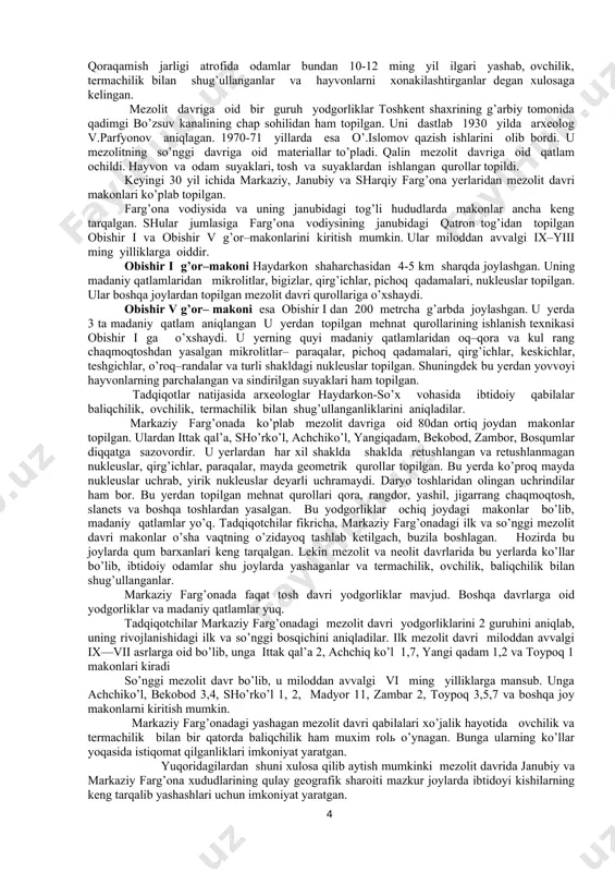 rining qirra tomonlariga va paraqalarning uchqir tomonlariga tig’ chiqarish usuli bilan yasalgan, ularning hajmlari ancha kichiklashtirilib, takomillashtirilgan. o’zaklardan pichoqsimon uchirma ajratib olish texnikasi vujudga keladi. o’rta mezolit davri yodgorliklarining yana bir xususiyati qayroqtoshlardan yasalgan qurol va qirg’ichlarning borligidir. so’nggi mezolit davrida mehnat qurollarining ko’pchilik turlari tobora maydalashadi. qalamsimon mitti o’zaklar soni ko’payadi. geometrik shakldagi qurollar takomillashtiriladi. tosh bigiz, ya’ni teshgich qurollar paydo bo’ladi. ikkala uchli tomonlari yo’nilgan shakldagi paraqalar va mikroparaqalar soni ko’payadi. bu davr yodgorliklarida qurollarni yasash texnikasi murakkablasha boradi, ilk neolit davri texnikaviy uslublari vujudga kela boshlaydi. mezolit davrining yana bir yutug’i it, cho’chqa, qo’y-echkilarning qo’lga o’rgatilishi bo’ldi. bu davr jamoasida diniy tasavvurlar ma’lum bir shaklga kiradi. bu haqda mezolit davri mozorlari, qoyatosh rasmlari darak beradi. o’rta osiyodagi mezolit davri yodgorliklaridan atigi 3tasida– qayla, tutkaul, machay makonlarida mozorlar topilgan. ular mezolit davrining so’ngi bosqichiga taalluqli. qayla g’orida 2 mozor o’rganilgan. skeletlar chalqanchasiga yotib, oyoqlari biroz bukilgan, ustiga oxra …