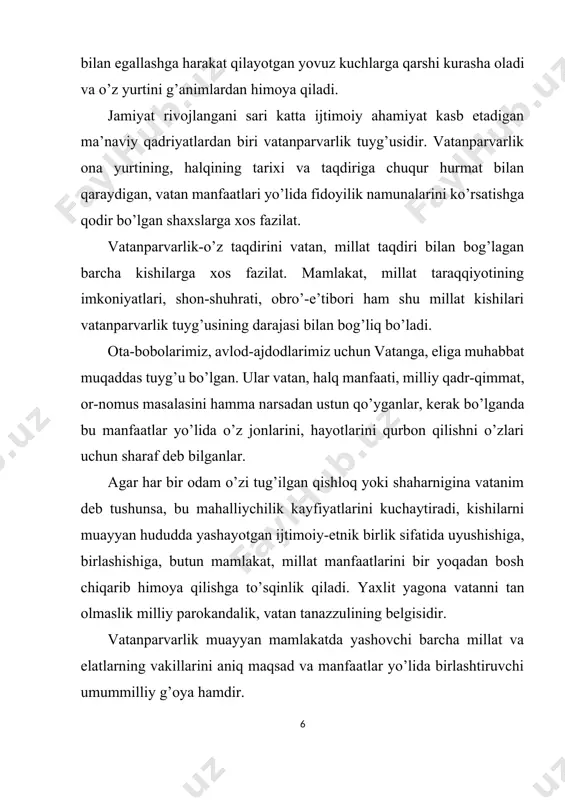 atlarini, milliy obro’si, qadir-qimmatini bilish, hurmat qilishi, ularga tayanishi, shu bilan birga boshqa halqlarning ham obro’-e’tiborini, mafaatlarini hurmat qila bilishni ifodalovchi ma’naviy mezondir.[footnoteref:2] [2: қаранг: эркин юсупов. инсон камолотининг маънавий асослари. 149-б.] vatan inson uchun ona kabi qadrdon va mo’’tabardir. inson uchun ona bitta bo’ladi. iymonli, e’tiqodli kishilar uchun vatan ona kabi muqaddas va yagonadir. vatanga bo’lgan muhabbat kishilarni har qanday mafkuraviy g’oyalardan kuchliroq asosda birlashtiradi, ulug’ ishlarni hamjihatlik bilan boshlashga safarbar etadi. vatanparvarlik-vatanni ulug’lashdan tashqari, uning qadr-qimmatini, uning har bir qarich yerini, mustaqilligini himoya qila bilishdir. vatanparvarlik vatan taqdiri, uning taraqqiyotining eng ma’suliyatli davrlarida yaqqol ko’zga tashlanadi. vatanga xiyonat qilish, o’z manfaatini vatan manfaatiga qarama-qarshi qo’yish vatanga qilingan xiyonat va sotqinlik sanaladi. vatanni, uning manfaatlarini pulga, boylikka, maishiy qulay sharoitga almashtirish, vatanfurushlik ma’naviy tubanlashishning belgisidir. qadimgi turkiy davlatlaridan birining asoschisi metexon bilan bog’liq quyidagi voqea ajdodlarimizga xos bo’lgan vatanparvarlikning misoli bo’la oladi. “qo’shni davlatning podshosi bu mamlakatga xujum qilish, …