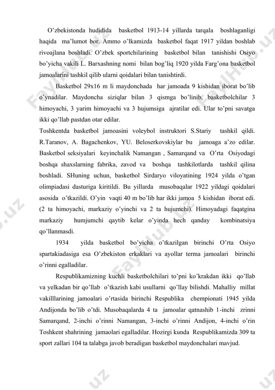 i andijon, 4-inchi o’rin toshkent shahrining jamaolari egalladilar. hozirgi kunda respublikamizda 309 ta sport zallari 104 ta talabga javob beradigan basketbol maydonchalari mavjud. basketbol o’yinni 2 bo’limidan iborat bo’ldi. bu hujum texnikasi va himoya texnikasi. har bir bo’lim va himoyadan qo’llaniladigan texnik usullaridan tashkil topadi. xamma usullarni bajarish eng kulay va mustaxkam dastlabki xolat g’ turish holatidan boshlanadi. taktika basketbol nazariyotchi basketbol qonuniyatlarini, kurashning olib borilish vositalarini, usullarini va formalarini hamda ularni muayyan ravishda raqibga qarshi qo’llanishi o’rganadigan bo’lim. hujum va himoyada zo’llaniladigan taktik harakat qarama‑qarshi harakatlarni yechish uchun qo’llaniladi. shuning uchun, taktika ikki katta bo’limga‑hujum taktikasi va himoya taktikasiga ajratiladi. hujumdagi eng katta vazifa – bu raqibning himyaodagi harakatlari tartibini buzish va savatga to’p otishga individual qarshilikni yengish hisoblanadi. basketbol. 1996 yil 6 iyun kuni mamalakatimizning poytaxtida basketbol bo’yicha erkaklar va ayollar jamoalari o’rtasida bo’lib o’tgan o’zbekiston chempionatida kutulmagan natijalari qayd qilindi. erkaklar jamoalari o’rtasida mxsk basketbolchilar chempionatlikni qo’lga …