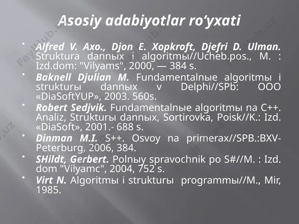 bu tuzilmani tashkil qiluvchi elementlar(ma’lumotlar) va ular orasidagi bog‘liqlikni ko‘rsatib beruvchi munosabatlar majmuasidir. mt o‘zining quyidagi xossalari bilan tasniflanadi: qabul qilishi mumkin bo‘lgan qiymatlari to‘plami; mumkin bo‘lgan amallar (operatsiyalar) majmuasi; tashkil etilganlik tasnifi. abstrakt (matematik) bosqich mantiqiy bosqich fizik (jismoniy) bosqich ma’lumotlarni tasvirlash bosqichlari abstrakt (matematik) bosqich abstrakt bosqichda ixtiyoriy tuzilmani juftlik ko‘rinishda ifodalash mumkin, bu erda d – elementlarning chekli to‘plami bo‘lib, elementlar ma’lumotlar turlari yoki ma’lumotlar tuzilmasi bo‘lishi mumkin, r – esa munosabatlar to‘plami bo‘lib, mazkur munosabatlar xususiyatlari abstrakt bosqichda ma’lumotlar tuzilmalarini turlarini aniqlaydi. abstrakt bosqichda xal qilinishi lozim bo’lgan masalaning texnik qo’yilishi, iloji bo’lsa masalaning matematik modeli ko’riladi. izox mantiqiy bosqich mantiqiy bosqichda qo‘yilgan masalani biror bir dasturlash tilida kodi (dasturi) ishlab chiqiladi. izox mantiqiy bosqich bilan fizik bosqich orasida o’zaro farq mavjud. fizik bosqich fizik (jismoniy) bosqichda esa informatsion ob’ektni mantiqiy tavsiflanishiga mos ravishda exm xotirasida akslantirilish tushiniladi. exm xotirasi chekli bo‘lganligi sababli, xotirani taqsimlash va …