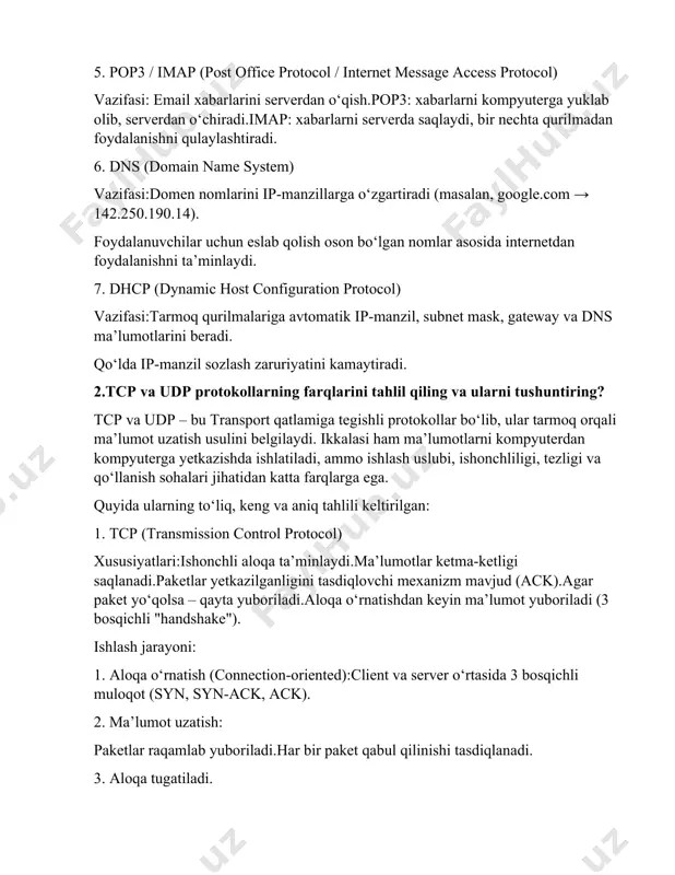.ishlash jarayoni:client ma’lumotni yuboradi va keyingi ishiga o‘tadi.serverga ma’lumot yetib borsa – yaxshi, yetib bormasa – yo‘qoladi.har bir paket mustaqil ravishda uzatiladi. 3.http va https protokollarining ishlash mexanizmini tushuntiring ? http va https — bu veb-brauzerlar va veb-serverlar o‘rtasida ma'lumot almashishni boshqaruvchi ilova qatlamidagi protokollar. https — bu http’ning xavfsiz versiyasi bo‘lib, shifrlash (ssl/tls) orqali ma’lumotlarni himoyalaydi. quyida http va https ishlash mexanizmini bosqichma-bosqich, to‘liq va sodda tarzda tushuntiraman: 1. http (hypertext transfer protocol) ishlash mexanizmi: http klient-server arxitekturasi asosida ishlaydi: 1. brauzer (klient) foydalanuvchi nomidan so‘rov yuboradi. (masalan, http://example.com) 2. so‘rov (request) http orqali serverga yuboriladi. 3. server bu so‘rovni qabul qiladi va unga mos javob (response) qaytaradi (masalan, html sahifa, rasm, matn). 4. brauzer javobni ko‘rsatadi. 2. https (hypertext transfer protocol secure) nima o‘zgaradi? https ham xuddi http kabi ishlaydi, lekin barcha ma’lumotlar ssl yoki tls protokoli orqali shifrlanadi.bu himoyalangan aloqa kanalini yaratadi. https ishlash bosqichlari: 1. klient …