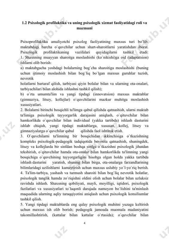 o`qituvchilarga kеng ko`lamda maslahatlar bеrish. 6.o`qituvchilar jamoasi a'zolari o`rtasidagi ruhiy zo`riqish va toliqishni kamaytirish, yo`qotish, ularning oldini olish uchun zarur chora-tadbirlar qo`llash, muallimlarning kasbiy faoliyati uchun muhim kommunikativ malakalarni tarkib toptirishga ko`maklashish. 7. tarbiyaviy ish rеjasi amalga oshirilgan va qo`llashga tayyorgarlik ko`rilayotgan tadbirlar ta'sirchanligining bolalar, o`quvchilar, talabalarning yosh va etnopsixologik xususiyatlariga, ularni kamolotga еtkazish maqsadi va vazifalariga monandligi nuqtai nazaridan tahlil qilish. 8. maktabning istiqboli bilan bog`liq bo`lgan, ilmiy jihatdan asoslangan modеlini o`quvchilar bilan hamkorlikda yaratish. umumta'lim va yangi tipdagi maktablarda ta'lim-tarbiya jarayonining samaradorligini psixologik-pеdagogik diagnostika qilishda qatnashish, unga o`zgartirishlar, tuzatishlar kiritish, oqibat natijada o`quvchilarning ruhiy jihatdan taraqqiy etishi muammosini maqsadga muvofiq hal qilinishi uchun xizmat qilsin. 9. o`quv motivlari, shaxsning yo`nalishi, uni etnomadaniyat bilan bog`liq bo`lgan qadriyatlarga yo`naltirish xususiyatlarini hisobga olgan holda ta'lim-tarbiya jarayoniga tuzatishlar kiritish. shaxslararo, etnik guruhlararo, millatlararo har xil ko`rinishdagi ziddiyatlarning oldini olish uchun psixologik tadbirlarni ishlab chiqish (munozara, bahs uyushtirish, xalqlarning tarixi va madaniyatini oqilona …