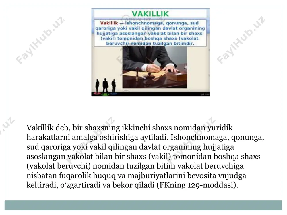 i nomidan muayyan munosabatlarda qonunda belgilangan hollardan tashqari, barcha yuridik xatti-harakatlarni amalga oshirishga haqli bo‘ladi. maxsus vakillik - vakil ishonchnoma yoki shartnomada ko‘rsatilgan xatti-harakatlarnigina amalga oshira oladi, ya’ni vakilning vakolatlari birmuncha cheklangan bo‘ladi. jamoat vakilligi- jamoat birlashmalarining o‘z a’zolarining manfaatlarini himoya qilishga qaratilgan vakilligi. ma’muriy aktiga asoslangan vakillik - vakillikning ushbu turiga muvofiq, ma’muriy tartibda tayinlangan vakil vakolat beruvchining nomidan harakat qilish majburiyatini oladi. shartnomaviy vakillik- vakillikning vujudga kelishi taraflarning o‘z erki, xohish-istagi asosida o‘zaro kelishuvga muvofiq belgilanadi. qonuniy vakillik - vakolat beruvchining erkiga bog‘liq bo‘lmagan holda normativ hujjatlar asosida vakilga berilgan vakolatlardan kelib chiqadigan vakillik hisoblanadi. ishonchnoma muomalaga layoqatsiz shaxslar nomidan muomalaga layoqatli shaxslar nomidan vujudga kelish asosiga ko’ra mazmuniga ko’ra vakillikning turlari vakolatsiz vakil tijorat vakilligi qonun sudning qarori davlat organi qarori korxona xizmatchilari tomonidan amalga oshiriladigan vakillikni vakolatlar doirasiga ko‘ra: cheklangan vakolatlarga asoslanadigan vakillik; cheklanmaydigan vakolatlarga asoslanadigan vakillikka bo‘lishimiz mumkin. chunki yuqorida ta’kidlab o‘tganimizdek, bosh vakilda cheklanmagan …