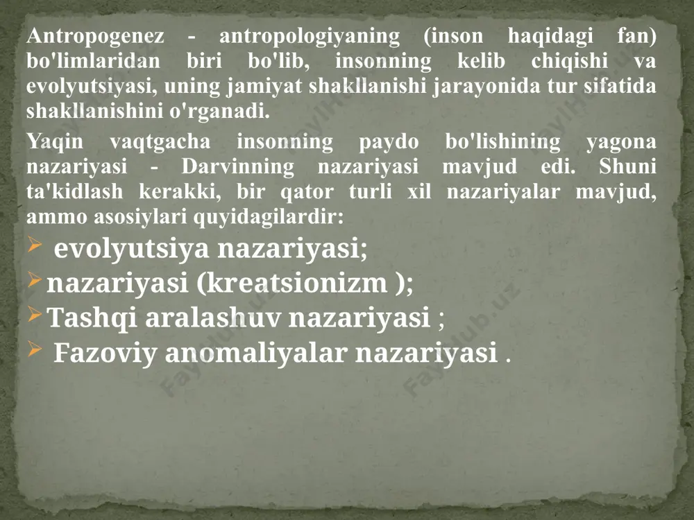 lari kichikroq, molarlari kattaroq. ko'pincha o'simlik ovqatlarini iste'mol qiling qudratli ular taxminan 2,5-1 million yil oldin yashagan; balandligi 1,8 m gacha, vazni 80 kg. miya taxminan 550 sm 3 ni tashkil qiladi. o'txo'r hayvonlar qadimgi odamlar: mohir odam (1959, tanzaniya) ular taxminan 1,5-2 million yil oldin yashagan; balandligi 1,5 m, vazni taxminan 50 kg kg ; miya 650 sm 3 gacha yaratilgan turar-joylar. oddiy asboblar yaratildi homo erectus (pitekantrop, sinantrop, geydelberg odami) (1891, yava oroli) ular taxminan 1,6 million yil - 200 ming yil oldin yashagan; balandligi 1,5 m, vazni taxminan 50 kg; miya 650 sm 3 gacha yaratilgan turar-joylar. ular asboblar va kiyim-kechak yasadilar. ishlatilgan olov. nutq hali rivojlanmagan. neandertallar (birinchi topilma 1856 yilda neandertal vodiysida (germaniya) balandligi 165-170 sm, vazni 70 kg gacha; miya 1700 sm 3 gacha ; past qiya peshona, kuchli supraorbital tizma; pastki oyoq-qo'llar zamonaviy odamlarga qaraganda qisqaroq; massiv tishlar va suyaklar; katta bosh 70-30 …