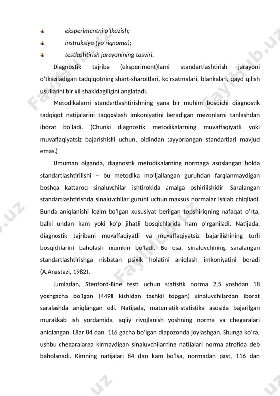 berilgan ijtimoiy-psixologik normativ ahamiyatliroq hisoblanadi. bu o’rinda, ijtimoiy-psixologik normativ testni tashkil qiladigan topshiriqlar yig’indisidan iborat bo’ladi. binobarin, testning o’zi ham mavjud hajmi bilan bunday normativ vazifasini bajara oladi. testni individual va guruhiy natijalarning taqqoslanishi talabga muvofiq maksimum darajada amalga oshiriladi. baholash mezoni bo’lib normativga yaqin natijalarni aks ettiradigan ko’rsatkichlar hisoblanadi. 3. ma’lumotlarni to’plash bosqichi va psixodiognostik vaziyatlar klassifikasiyasi d iagnostik metodlar yordamida ma’lumotlar to’plash jarayoni o’rganilayotgan hodisa va sinaluvchi haqidagi obyektiv halqa subyektiv ko’rsatkichlar jamlanmasi bilan tanishishdan boshlanadi. barcha mashhur psixodiagnostik metodikalar mualliflari, tadqiq qilinayotgan sinaluvchining o’tmishi va hozirgi hayoti haqida mukammal o’rganib chiqishga katta ahamiyat beradilar. bu bilan tadqiqotning asosiy foni yaratilib, tashxis va tahlil uchun zarur bulgan shaxsni umumiy obraz elementlari belgilanadi. psixologik adabiyotlarda psixodiagnostik jarayon hisoblangan “tadqiqotchi-sinaluvchi” kabi o’zaro munosabat tizimini yaratilishiga daxldor turli o’zgaruvchanlar ta’sirini tahlil qilishga keng o’rin ajratilgan. odatda bu ta’sirning: · vaziyatli o’zgaruvchanlar; · tadqiqot vazifasining o’zgaruvchan maqsadlari; · tadqiqotchi va sinaluvchining o’zgaruvchanligi …