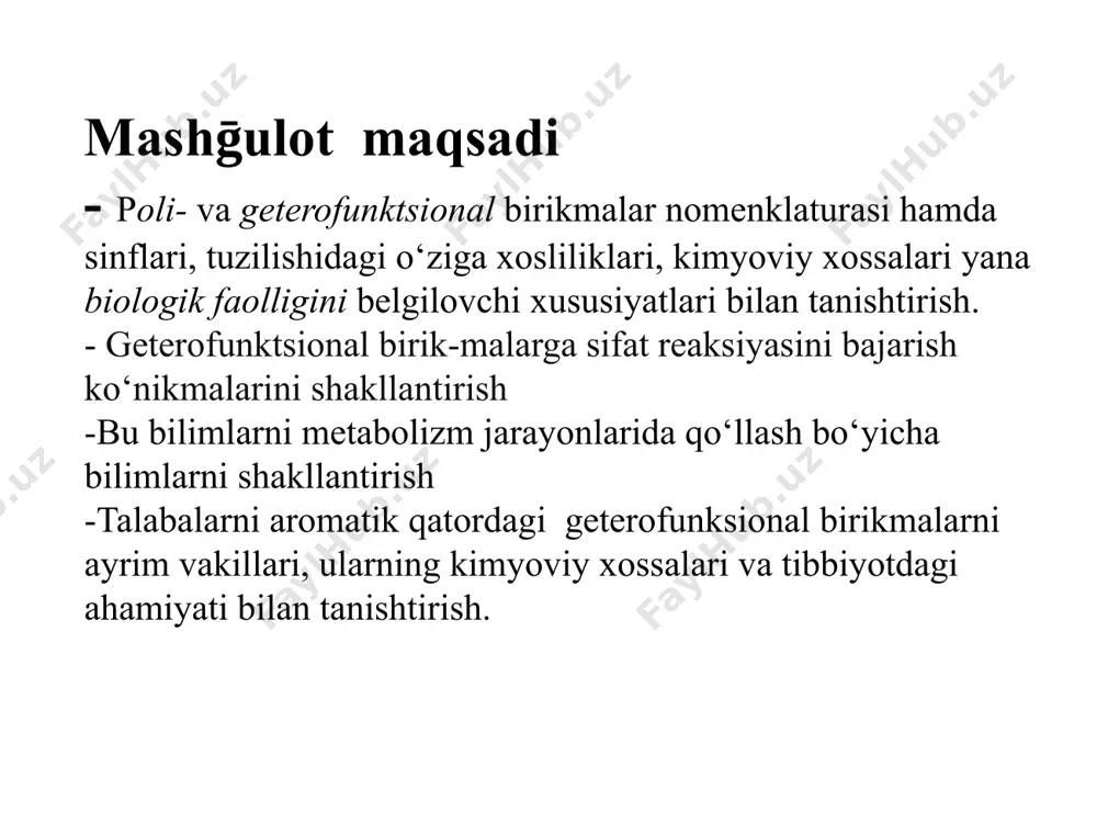 tarkibida bir nechta bir xil funksional guruxlar tutgan organik birikmalar polifunksional birikmalar deyiladi. ular qatoriga kiradi: ko‘p atomli spirtlar diaminlar dikarbonil birikmalar di va polikarbon kislotalar geterofunksional birikmalarning umumiy ta’rifi va turlanishi tarkibida bir nechta har xil funksional guruxlar tutgan organik birikmalar geterofunksional birikmalar deyiladi. ular qatoriga kiradi: aminospirtlar aminokislotalar gidroksikislotalar ketokislotalar ko‘p atomli spirtlar va fenollar xalqali ko‘p atomli spirtlar mezoinozitning geksafosfatining kalsiyli yoki kalsiy-magniyli tuzi fitin deyiladi va qon xosil bo‘lishida ishtirok etadi va asab sistemasini faoliyatini yaxshilaydi poliaminlar dikarbonil birikmalar va polikarbon kislotalar оксалат кислота қаҳрабо кислота (сукцинат) глутар кислота (глутарат) малон кислота (малонат) aromatik va to’yinmagan polikarbon kislotalar tereftal kislota ftal kislota malein kislota fumar kislota polifunksional birikmalarning reaksion qobiliyati polifunksional birikmalar bir tarafdan o‘zining funksional guruxiga hos monofunksional analoglariga o‘xshash reaksiyalarga va ikkinchi tarafdan guruxlarning o‘zaro ta’siri bo‘yicha – spetsifik reaksiyalarga kirishishadi. birinchi turdagi reaksiyalari – bu spirtlarga, aminlarga sn, karbonil birikmalarga an, karbon kislotalarga …