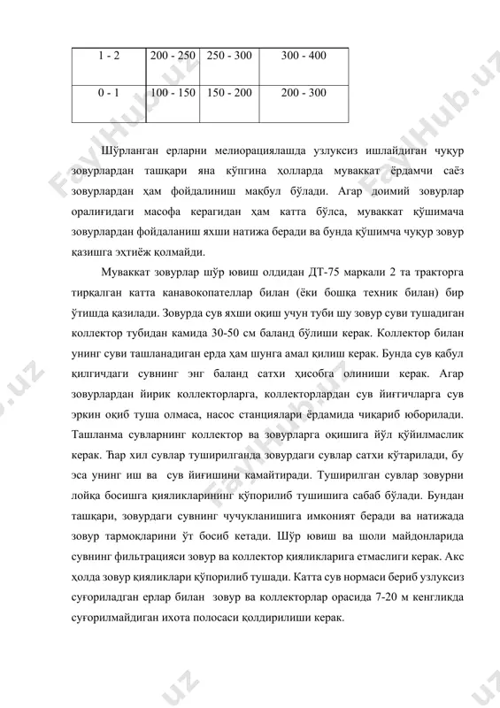 ники сингаридир. зовурларнинг чуқурлиги ва оралиғидаги масофа очиқ горизонтал учун қандай олинган бўлса, ёпиқ зовурларда ҳам худди шундай олинади. ёпиқ зовур қуришда кўп ковушли экскаватор билан қиялигини тик қилиб тегишли чуқурликда траншея қазилади. бўш грунтларда траншея қияликлари тахта билан маҳкамлаб қўйилади. зовурнинг ишлаб шароитига ва унда оқадиган сувнинг миқдорига қараб қувур диаметри танланади. бошланғич ва зовурлар группаси учун қувурларнинг ички диаметри танланади, у12-15 дан 20-25 см гача, коллектор учун 50 см гача бўлиши керак. зовурлар ишини кузатиш учун ҳар 150-250 м да бетон ёки асбоцемент қувурлардан назорат қудуқлар қилинади. бу қудуқлар зовурдаги сувнинг оқишини назорат қилиб туриш, шунингдек тўпланган оқава - лойқаларни олиб ташлаш учун қурилади. қудуқлар бетон плита устига қўйилади. усти қопқоқ билан ёпилади. қудуқнинг туби унга кириб турган зовур қувуридан 30-45 см пастда туриш керак. шу чуқурликка аста-секин чўкиб қолган лойқа оқизинди вақт вақти билан чиқариб ташланади. коллекторнинг туби сув қабул қилгач сув кўп тўлган вақтдаги сув сатхи …