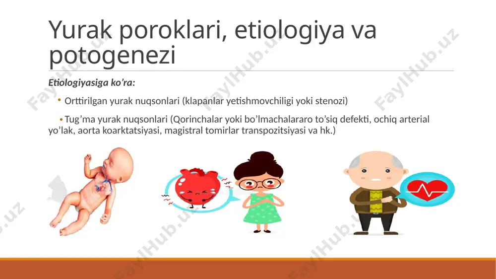 eonardo botallo nomi bilan atalgan ductus botalli deb ham ataladigan arteriosus kanali rivojlanayotgan homilada o'pka arteriyasining magistralini proksimal tushuvchi aorta bilan bog'laydigan qon tomiridir . bu o'ng qorincha qonining katta qismini homilaning suyuqlik bilan to'ldirilgan ishlamaydigan o'pkasini chetlab o'tishga imkon beradi . tug'ilgandan so'ng u ligamentum arteriosumga aylanadi qorinchalararo to’siq nuqsoni qorinchalararo to’siq nuqsonida ekg belgisi ekg – chap qorincha gipertrofiyasi: yuqori r v5-6, chuqur s v1-2 r i tishi kengayishi, ii v5-6; repolyarizatsiya buzilishi ochiq arterial yo’lak ochiq arterial yo’lakda ekg belgisi ekg - erta bosqichida chap bo'lmacha zo'riqishi va chap qorincha gipertrofiyasi aniqlanadi. keyin esa, unga o'ng tomon zo'riqishi va gipertrofiya belgilari aniqlanadi. aorta koarkatsiyasi gemodinamikadagi o’zgarish- aortaning pastki qismida qon bilan yetarlicha ta’minlanmaslik klinik belgi – “gymnast figurasi” 11 orttirilgan yurak nuqsonlari mitral klapan stenozi yoki yetishmovchiligi aortal klapan stenozi yoki yetishmovchiligi trikuspidal klapan stenozi yoki yetishmovchiligi o’pka arteriyasi klapani stenozi yoki yetishmovchiligi mitral klapan nuqsonlari aortal …