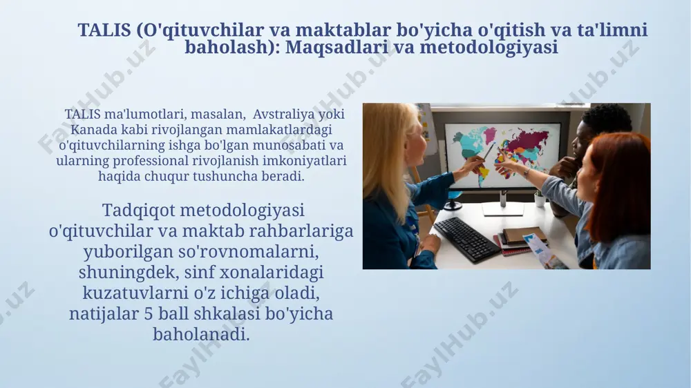 darajasini aniqlash orqali, o'zbekistonning viloyatlararo ta'lim sifatidagi farqlarni (taxminan 15 foiz ball) ko'rsatib berdi va mahalliy darajada o'qitish uslublarini qayta ko'rib chiqish zarurligini aniqladi. 2018-yilda o'tkazilgan pisa sinovlari natijalariga ko'ra, o'zbekiston matematika bo'yicha o'rta osiyo mamlakatlari orasida 5-o'rinni egalladi, bu esa ta'lim tizimini takomillashtirish bo'yicha yangi strategiya ishlab chiqishga undadi. natijalarni talqin qilish va qo'llash timss, pisa, pirls ва talis natijalari maktablararo taqqoslash uchun foydalaniladi, masalan, 2019-yilda singapur matematika bo'yicha yuqori ko'rsatkichlarni qayd etdi, bu o'quv dasturlarini qayta ko'rib chiqishga turtki bo'lishi mumkin. pirls natijalari, 4-sinf o'quvchilari o'qish savodxonligini o'lchab, aqsh kabi rivojlangan mamlakatlarda ham, o'qish bo'yicha 20% dan kam ball to'plagan talabalarning mavjudligini ko'rsatishi mumkin, bu muammoni hal qilish uchun qo'shimcha resurslar ajratish zarurligini ko'rsatadi. pirls (o'quvchilarning o'qish savodxonligini baholash dasturi): maqsadlari va metodologiyasi pirlsning metodologiyasi, o'qish tushunchasini baholash uchun ko'p tanlovli va ochiq javobli savollarni o'z ichiga olgan, 2 soatdan ortiq davom etadigan testlardan foydalanadi. pirls 2021 yilda …