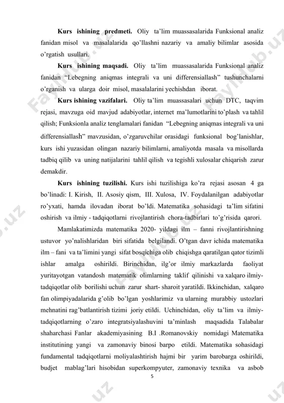 asalalar matematika sohasidagi ta’lim sifati va ilmiy- taqiqot samaradorligini oshirishga qaratilgan chora- tadbirlarni amalga oshirish zaruratini ko’rsatmoqda. jumladan, birinchida, matematika ta’limotining ta’lim olish bosqichlari o’rtasidagi uzviylik to’liq ta’minlanmagan; ikkinchidan, umumta’lim maktablarida matematika darsliklari o’quvchilarning yoshiga nisbatan fanni o’zlashtirish qiyinlashtiruvchi murakkab masalalardan iborat va boshqa fanlarda o’tiladigan mavzular bilan uyg’unlashtirilmagan; uchinchidan, matematikaga qiziquvchan, xalqaro olimpiadalar g’oliblari bo’lgan aksariyat iqtidorli yoshlarimiz hududlardan bo’lishiga qaramasdan ularning kelgusi rivojlanishi uchun oliy ta’lim va ilm- fan sohasida zarur shart – sharoit yaratib berilmagan; to’rtinchidan, matematika sohasidagi ilmiy- tadqiqotning amaliyot va ishlab chiqarish bilan bog’liqligi zaifligicha saqlanib qolmoqda; beshinchidan, sohadagi olimlarning xorijiy ilmiy va ta’lim muassasalari bilan aloqalari milliy matematikani jahon miqyosiga olib chiqish, xalqaro hamjamiyatda nufuzini oshirish uchun yetarli emas. ta’limning barcha bosqichlarida matematika fanini o’qitish tizimini yanada takomillashtirish, pedagoklarning samarali mehnatini qo’lla- quvvatlash, ilmiy- tadqiqot ishlarining ko’lamini kengaytirish va amaliy ahamiyatini oshirish, xalqaro hamjamiyat bilan aloqalarni mustahkamlash, shuningdek, 2017- 2021- yillarda o’zbekiston respublikasini rivojlantirishning …