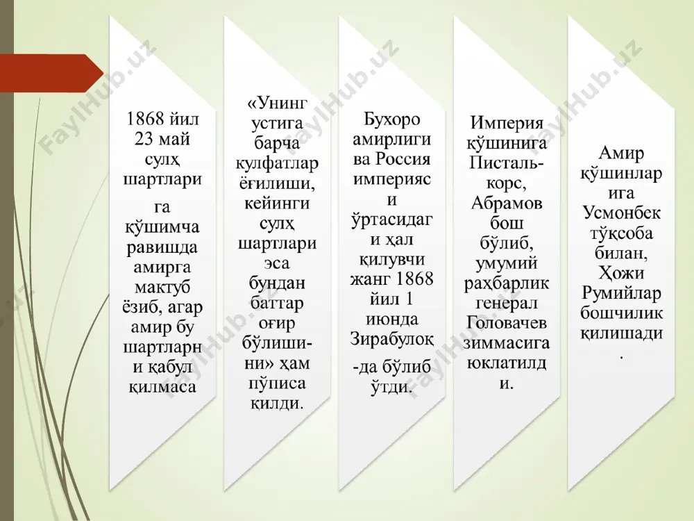 ия империяси ҳарбий вазирига 1875 йилнинг 6 августида хабар бериб, ундан агар қўқон хонлиги россия билан дўстлик алоқаларини ўрната олмаса, хонлик ҳудудларини эгаллаб империя таркибига қўшиб олишга рухсат сўрайди. 1875 йил 25 сентябрда насриддинхон россия империяси ҳукумати билан битим тузди. шунингдек, битимда 1875 йил 1 ноябрдан бошлаб қўқон хонлиги россия хазинасига ҳар йили 500 минг рубл, абдураҳмон офтобачини қўллаб-қувватлаганлари учун марғилонликларга 125 минг тилло ҳажмида товон тўлаш мажбурияти белгиланди (60 минг тиллони 1875 йил 21 октябргача, қолган 65 мингини эса, 1876 йил 21 октябргача тўлашга ижозат берилди). 1975 йил 26 сентябрда наманганга келган кауфманга андижон шаҳрида ва унга яқин бўлган жойларда пўлатхон ва абдураҳмон офтобачи бошчилигида катта қўшин тўпланганлиги ҳақида хабар етиб борди. тайёрланаётган қўзғолондан хавфсираган кауфман зудлик билан генерал троцкий бошчилигидаги 1400 кишилик андижонга жўнатди. 1 октябрда генерал троцкий андижонга ҳужум қилиш ҳақида буйруқ берди. ҳар икки ўртада кучли жанглар бўлиб, 2 соат давом этган бу жанглардан сўнг, шаҳар …