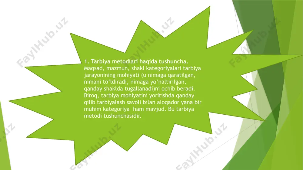 achining kuchi etmaydi. metodlarni takomillashtirish muammosi doimo mavjud, har bir tarbiyachi o‘zining imkoniyatiga ko‘ra uni hal qiladi, tarbiya jarayonining aniq shart-sharoitlariga mos ravishda o‘zining xususiy qarashlarini ifoda etish asosida umumiy metodikani boyitadi. tarbiya metodlarini bunday xususiy takomillashtirish tarbiya usullari deb ataladi. tarbiya usullari – umumiy metodning bir qismi, alohida harakati, yanada aniqlashuvi. obrazli aytganda, usullar – bu qo‘yilgan maqsadga tezroq erishish uchun tarbiyachi o‘zining tarbiyalanuvchilari bilan yo‘l ochadigan o‘rganilmagan so‘qmoq. agar uni boshqa tarbiyachilar ham foydalana boshlasa, u holda asta-sekin usullar keng ustunli yo‘llar – metodlarga aylanishi mumkin amaliyotda tarbiya vositalari tushunchasi ham ajratiladi. usullar deganda ta’sir ko‘rsatishlar birligi, vosita deganda, usullar yig‘indisi tushuniladi vosita – bu usul ham emas, metod ham emas. masalan, mehnat – tarbiya vositasi, biroq uni ko‘rsatib berish, mehnatni baholash, ishdagi xatoni ko‘rsatish – bu usullar. so‘z (keng ma’noda) – tarbiya vositasi, biroq replika taqkoslash – usullar. bu bilan bog‘liqlikda ba’zan tarbiya metodlari qo‘yilgan maqsadni muvafaqqiyatli …