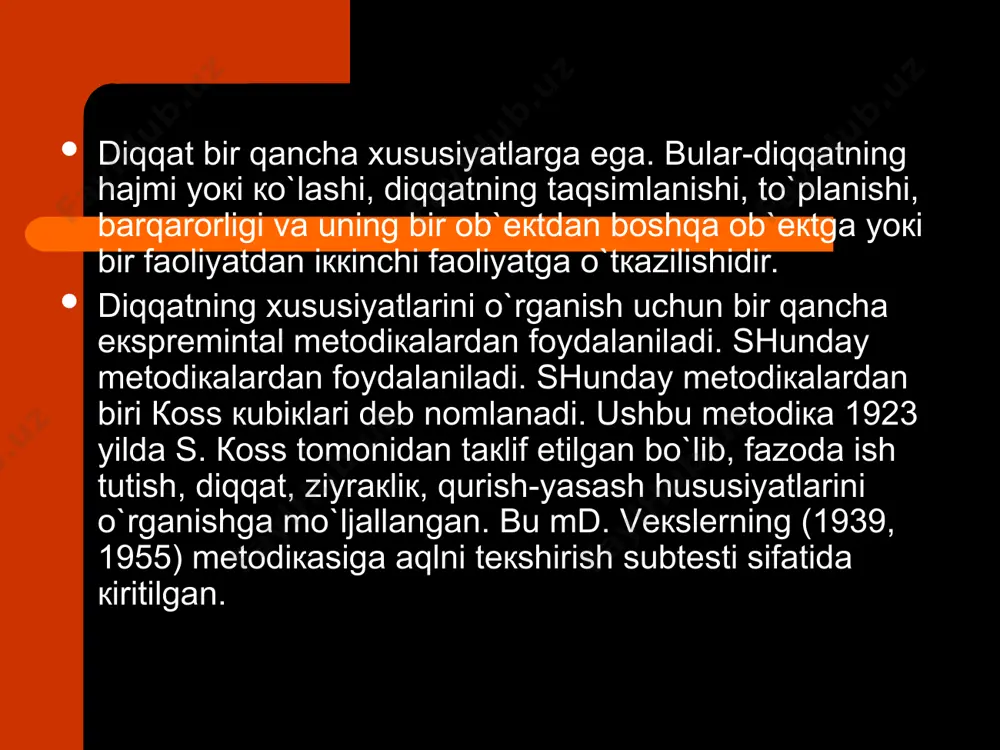 sabiy aktivlik ko`rsatgan holda muayyan ob`ektga yo`naltiqilishi va unda to`planishiga ihtiyoriy diqqat deb aytiladi. psixik faoliyat, ongning muayyan ob`ektga avvalo ihtiyoriy ravishda qaratilib, so`ngra uning ahamiyati tushunilgan sari o`z-o`zidan qaratilib, boqiladigan diqqat turi — ihtiyoriylikdan so`nggi qiqqat deb aytiladi. tashqi diqqat deb ongimizning ob`ektiv voqelikdagi narsa va hodisalarga, ularning ayrim belgi va hususiyatlariga yo`naltiqilishi, ularda aktiv to`planishiga aytiladi. ichki diqqat esa ongimizning o`z sub`ektiv taassurotlarimiz, his-tuygularimiz va intilishlarimizga qaratilishidan iboratdir. birgina kishi ongining muayyan ob`ektga qarata yo`naltiqilishi va unda to`planishiga individual; bir guruh, ko`pchilik kishilar ongi, psixik faoliyatining biror ob`ektga qarata yo`naltiqilishi va shu ob`ekt ustida to`planishiga jamoa diqqati deb yuritiladi. diqqat ba`zi bir hususiyatlarga ega bo`lib, har hil odamlarda turlicha darajada ko`zga tashlanadi. diqqatning hususiyatlari uning barqarorligi, hajmi, bo`linishi, ko`chiqilishi kabilardir. uzoq muddatgacha bir narsa yoki bir ish faoliyat ustida to`htay olgan diqqat barqaror diqqat deyiladi. diqqatning hajmi (ko`lami) deb bir vaqtning o`zida qamrab olishi mumkin bo`lgan mustaqil ob`ektlar …