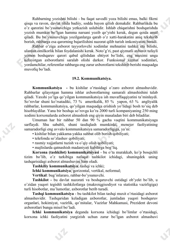 mumkin. bu turdagi axborot tizimi quyi boshqaruv bosqichiga to’g’ri keladi. ish joyidan ustaga berilgan axborot bunga misol bo’la oladi. bunday axborotga deyarli ishlov berilmaydi. murakkab tizim. bu tizim ishlab chiqarish va boshqaruv tarkibining murakkabligi bilan bog’liq. bu yerda dastlabki axborot yuzaga keladi. ishlov berishda hisoblash texnikasidan keng foydalaniladi. murakkab axborot tizimining har xil darajada mexanizasiyalash va avtomatlashtirish turlari quyidagilardan iborat: • axborotlarni to’la o’zlashtirish davri. bunda axborot oddiy mexanizimlardan foydalanilgan holda butunlay qayta ishlanadi. * aralash axborot tizimi. bunda axborotni mexanizasiyalashgan va avtomatlashgan qurilmalari yordamida o’zgartirishlarga erishiladi. bu tizim avtomatlashgan nazoratni ta’minlaydi, ba’zida korxonaning ishlab chiqarish faoliyati ustidan odsiy boshqaruv jarayonini amalga oshiradi. * axborot ma’lumot tizimi. bunda ko’z bilan bajariladigan nazorat uchun ba’zi bir ma’lumotlarni berish bilan cheklanadi. * kuzatuv axborot tizimi. bu tizim avtomatlashgan nazorat va boshqaruvni ta’minlaydi. keyingi ikkala tizim asosan texnologik jarayonlar to’g’risidagi axborotlarni qayta ishlash uchun qo’llaniladi. axborotlar tizimi - bu murakkab tizim bo’lib, o’z …