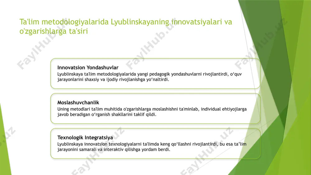 likda rivojlanadi, bu insonlarning farovonligini oshiradi. lyublinskaya madaniyat va ta'limning o'zaro ta'sirini rivojlantirish orqali inson kamolotini ta'minlashga intildi. a.a. lyublinskayaning inson kamolotida ta'lim metodologiyalariga qo'shgan hissasi 1 inson rivojlanishi uchun innovatsiya lyublinskaya ta'lim metodologiyalarida innovatsiyalarni joriy qilib, yoshlarning shaxsiy va ijtimoiy rivojlanishini qo'llab-quvvatlash uchun yangi yondashuvlarni ishlab chiqdi. 2 yoshlarni faol ishtirok etishga undash u ta'lim jarayonida interaktiv metodlarni qo'llab, yoshlarning fikrlarini erkin ifoda etishiga imkon yaratdi, shuningdek, o'z-o'zini anglashni rivojlantirdi. 3 moslashuvchan yondashuvlar lyublinskaya individual ehtiyojlarga mos keladigan ta'lim metodlarini ishlab chiqdi, bu esa har bir insonning kamolotiga erishishiga yordam berdi. inson rivojlanishida innovatsion yondashuvlar va lyublinskayaning amaliyotlari 1 innovatsion yondashuvlar a.a. lyublinskaya inson rivojlanishida innovatsion metodlarni joriy etgan, individual yondashuv va texnologiyalar yordamida o'qitishni yangi bosqichga olib chiqdi. 2 praktik tajribalar u amaliyotda o'z metodlarini sinab ko'rdi, bolalar va yoshlar bilan ishlashda innovatsion usullarni qo'llash orqali rivojlanishni tezlashtirdi. 3 texnologik integratsiya lyublinskaya ta'lim jarayoniga zamonaviy texnologiyalarni qo'shib, o'qitishni …