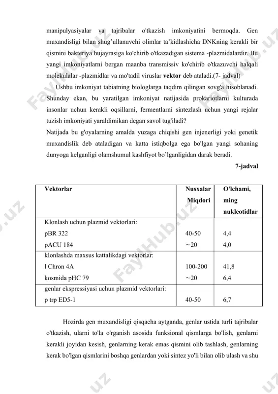 a hujayrasiga ko'chirib o'tkazadigan sistema -plazmidalardir. bu yangi imkoniyatlarni bergan maanba transmissiv ko'chirib o'tkazuvchi halqali molekulalar -plazmidlar va mo'tadil viruslar vektor deb ataladi.(7- jadval) ushbu imkoniyat tabiatning biologlarga taqdim qilingan sovg'a hisoblanadi. shunday ekan, bu yaratilgan imkoniyat natijasida prokariotlarni kulturada insonlar uchun kerakli oqsillarni, fermentlarni sintezlash uchun yangi rejalar tuzish imkoniyati yaraldimikan degan savol tug'iladi? natijada bu g'oyalarning amalda yuzaga chiqishi gen injenerligi yoki genetik muxandislik deb ataladigan va katta istiqbolga ega bo'lgan yangi sohaning dunyoga kelganligi olamshumul kashfiyot bo’lganligidan darak beradi. 7-jadval vektorlar nusxalar miqdori o'lchami, ming nukleotidlar klonlash uchun plazmid vektorlari: pbr 322 pacu 184 40-50 20 4,4 4,0 klonlashda maxsus kattalikdagi vektorlar: l chron 4a kosmida phc 79 100-200 20 41,8 6,4 genlar ekspressiyasi uchun plazmid vektorlari: p trp ed5-1 40-50 6,7 hozirda gen muxandisligi qisqacha aytganda, genlar ustida turli tajribalar o'tkazish, ularni to'la o'rganish asosida funksional qismlarga bo'lish, genlarni kerakli joyidan kesish, genlarning kerak emas qismini …