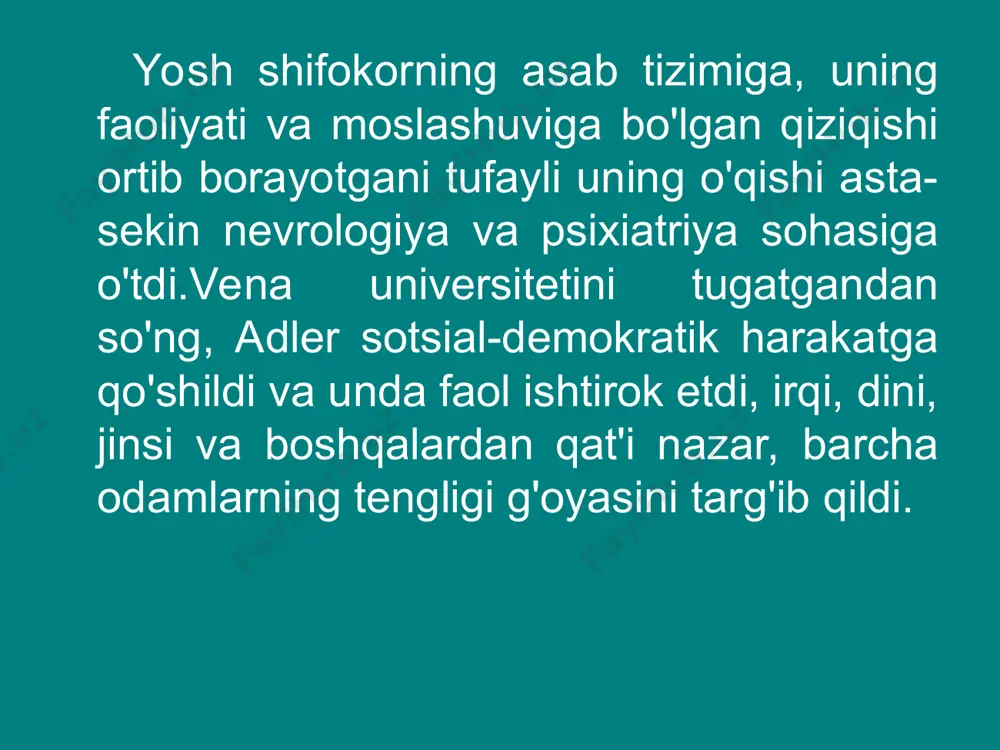 o'nalishi nuqtai nazaridan tushunish mumkin. shaxsiyat har doim bo'lish jarayonida. 4. odamlar tanlashi mumkin, ular hodisalarni tan olishlari, ularga baho berishlari va tegishli xulosalar chiqarishlari mumkin. 5. odamlar o'z muhitiga, hodisalariga yoki stimullariga shunchaki moslashmaydi. ular bu ogohlantirishlarni yaratishi va qisman yoki to'liq o'zgartirishi mumkin - ob'ektiv yoki sub'ektiv. 6. odamlar dunyoni sub'ektiv ravishda idrok etadilar, shuning uchun ma'lum bir odamni tushunish uchun "biz uning ko'zlari bilan ko'rish va quloqlari bilan eshitishimiz kerak". 7. barcha xatti-harakatlar ijtimoiy muhit doirasida tushunilishi kerak. odamlar erta gestalt psixologiyasida tasvirlanganidek, fenomenal sohada o'z pozitsiyalarini o'zgartiradilar. adler psixologiyasi ko'pincha maydon nazariyasi sifatida tavsiflanadi. 8. adler dunyoni qadriyatlar psixologiyasi bilan tanishtirdi. eng oliy qadriyat – insonlar uchun ideal qadriyat – ijtimoiy manfaatda bo‘lib, ko‘pchilik buni “o‘z yaqiningni o‘zing kabi sev”, “o‘z xalqingdan ajratma” kabi diniy amrlarning psixologiya tilidagi islohoti sifatida tushunadi. ” adler zamonaviy ekzistensializmning* asoschisi edi, chunki u tanlov, shaxsiy mas'uliyat va hayotning mazmuni kabi …