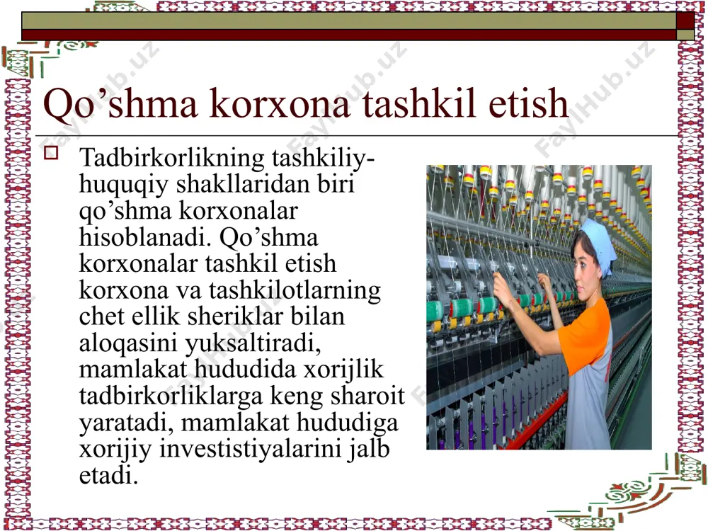 ekiston respublikasi prezidentining 11.04.2005 yildagi “to’g’ridan-to’g’ri xususiy xorijiy investistiyalarni jalb etishni rag’batlantirish borasidagi qo’shimcha chora-tadbirlar to’g’risida” farmoni mamlakatda investistiya muhitini yanada yaxshilash, xususiylashtirish, ishlab chiqarishni modernizastiya qilish, texnik jihatdan qayta jihozlash va rekonstrukstiya qilish, respublikaning ortiqcha ishchi kuchi mavjud bo’lgan mintaqalarida yangi ish joylarini yaratish dasturlarini amalga oshirishga to’g’ridan-to’g’ri xususiy xorijiy investistiyalarni keng jalb etish, shuningdek xorijiy investorlar uchun ishonchli huquqiy himoya va kafolatlarni ta’minlash qaratilgan. to’g’ridan-to’g’ri xususiy xorijiy investistiyalar hajmi quyidagicha bo’lganda mazkur soliq imtiyozlari beriladi: 300 ming aqsh dollaridan 3 million aqsh dollarigacha - 3 yil muddatga; 3 milliondan ortiq aqsh dollaridan 10 million aqsh dollarigacha - 5 yil muddatga; 10 million aqsh dollaridan ortiq bo’lganda - 7 yil muddatga. image2.jpeg image3.jpeg image4.jpeg image5.jpeg image6.jpeg image7.jpeg image8.jpeg image9.jpeg image10.jpeg image11.jpeg image12.jpeg image1.png