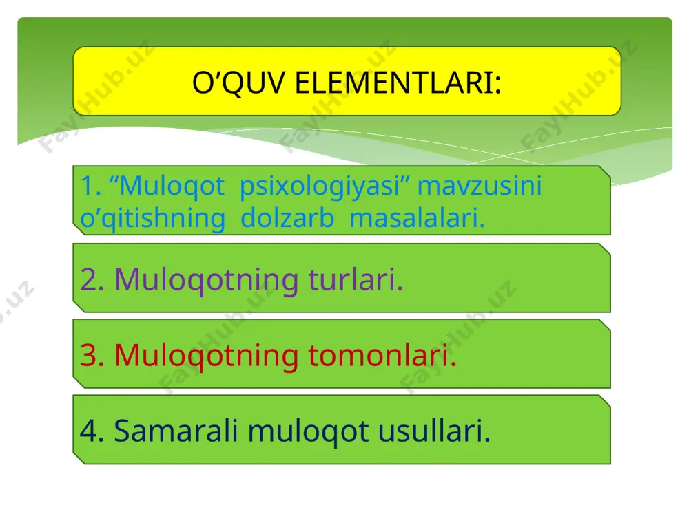 lanish. muloqot faqat insonlargagina xos barcha tirik jonzotlar muloqotga kirisha oladi. xulosa 1. har bir ziyoli shaxs boshqalar bilan hamkorlik qilish mahorati va san’atiga ega bo’lishi kerak. bu vazifa “muloqot psixologiyasi” mavzusini pedagogik texnologiyalar bilan o`qitish orqali amalga oshiriladi. 2. muloqot psixologiyasi mavzusini “aqliy hujum”, “o’z orningni top”, “charxpalak” metodlari yordamida o’tilsa darsning samasi yuqori bo’ladi. xulosa va takliflar ishlaringizga ijodiy muvaffaqiyatlar tilayman! e’tiboringiz uchun rahmat!