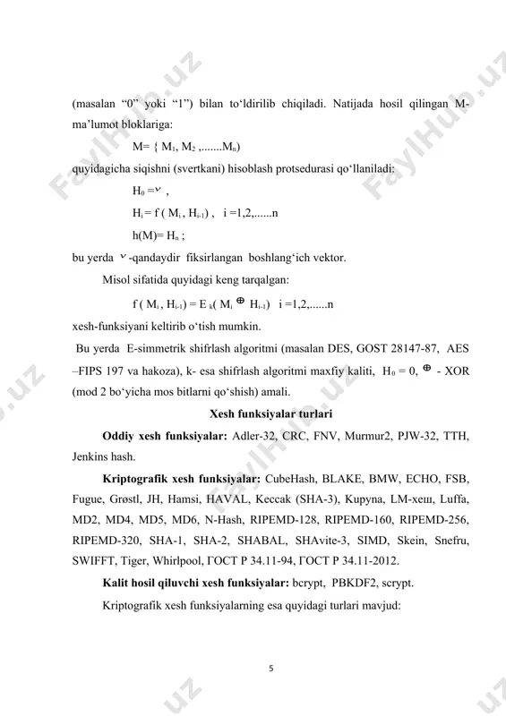 70 buzg‘unchiga ma’lum bo‘lmagan maxfiy kalitga ega bo‘lishi kerak. bu maxfiy kalit faqatgina ma’lumotni uzatuvchi va qabul qiluvchi tomonlarga ma’lum bo‘lishi kerak. bunday xususiyatga ega xesh funksiyalarga kalitli xesh funksiyalar deyiladi. kalitli xesh funksiyalar yordamida hosil qilinadigan “imitoqo‘yish”lar imitatsiya (impersonation) turidagi hujumlarda qalbaki ma’lumotlarni hosil qilishga (fabrication) va “o‘zgartirish” (substitution) turidagi hujumlarda uzatiladigan ma’lumotni modifikatsiya (modification) qilishga yo‘l qo‘ymaslikda foydalaniladi. ma’lumot manbaining autentifikatsiyalash masalasi axborot- kommunikatsiya tizimlarining bir-biriga ishonmaydigan ikki tomoni orasida ma’lumot almashinuvida yuzaga keladi. bu masalani hal qilishda ikkala tomon ham biladigan maxfiy kalitdan foydalanib bo‘lmaydi. bu holatda ma’lumotning manbaini autentifikatsiya qilishga imkon beradigan elektron raqamli imzo sxemasi qo‘llaniladi. bunda odatda foydalanuvchining maxfiy kalitiga asoslangan imzo qo‘yishdan oldin xatolik kodini aniqlovchi xesh funksiya yordamida ma’lumot siqiladi. bu holda xesh funksiya maxfiy kalitga ega bo‘lmaydi hamda u fiksirlangan bo‘lishi va hammaga ma’lum bo‘lishi mumkin. unga qo‘yilgan asosiy talab imzolangan hujjatni o‘zgartirish hamda bir xil xesh qiymatga ega bo‘lgan ikkita …