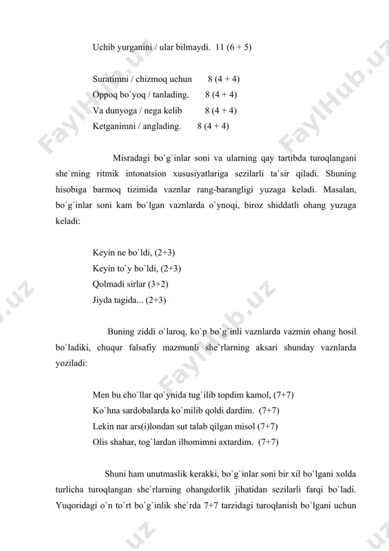 boshqacha - shiddatkor o`ynoqi ohang hosil bo`ladi: qush bo`lib qochar bo`lsang, tarlon bo`lib quvgayman, (3+4/4+3) to/larda sharsharadek g`uboringni yuvgayman. (3+4/4+3) har mushkul,har xatarda har balodan saqlagum, (3+4/4+3) qayrilsang-qayrilmasang o`lguncha ardoqlagum. (3+4/4+3) turoqlanish tartibining ritm va ohangni hosil qilishdagi rolini yana ham yorqinroq tasavvur qilish uchun she`riyatimizda ancha keng tarqalgan o`n bir bo`g`inli she`rlarning turlicha turoqlangan ko`rinishlariga e`tibor qiling: 1) oddiy mashinani ko`rsa bolalar 11 (6+5) hayratga tushishni kanda qilmaydi. 11 (6+5) 2) ko`nglimga cho`g` soldi, cho`g` soldi, netay, 11 (6+3+2) javdirab-javdirab jayron boqishi. 11 (6+2+3) xanjarsiz jon oldi, jon oldi, netay, 11 (6+3+2) o`sha nozik ado, jonon boqishi. 11 (6+2+3) 3) men yo`qman. yolg`onlar meni yo`qotdi. 11 (3+3+5) chin gaplar sevgimga qilmadi karam. 11 (3+3+5) 4) ohista-ohista yog`adi yomg`ir, 11 (3+3+3+2) ohista-ohista qo`zg`alar shamol. 11 (3+3+3+2) ohista-ohista to`kar yumshoq nur 11 (3+3+2+3) bulutlar bag`ridan ko`ringan hilol. 11 (3+3+3+2) 5) ko`nglim qolgani yo`q yorug` olamdan, 11 (6+2+3) xayolimda yo`qdir na viqor, …