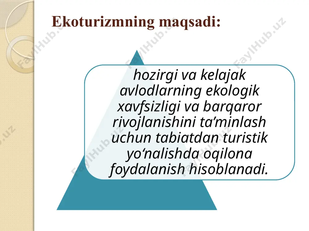 sturlarini birinchilardan bo‘lib qaysi davlatlar ishlab chiqdilar? a.aqsh, kanada, yevropa davlatlari va avstraliya. b.aqsh, germaniya, italiya va avstraliya. v.aqsh, germaniya, kanada va avstraliya. g.aqsh, kanada, meksika va avstraliya. 4.ekoturizmning maqsadi nima? a.hozirgi va kelajak avlodlarning ekologik xavfsizligi va barqaror rivojlanishini ta’minlash uchun tabiatdan turistik yo‘nalishda oqilona foydalanish. b.aholida ekologik madaniyat va ekologik bilimlarni shakllantirish. v.tabiatni va tabiiy resurslarni saqlash va muhofaza qilish. g.biologik xilma-xillikni saqlash va tabiat bag‘rida dam olish. 5.o‘zbekistonda ekoturizmni rivojlantirish konsepsiyasi qachon ishlab chiqildi? a.2009 yil. b.2002 yil. v.2006 yil. g.2010 yil. 6.ekoturizmning ta’rifini birinchi bo‘lib kim yaratdi? a. birjakov m. b. b. sergeyeva t.s. v. drozdov a.v. g. laskureyn s. 7. «ekologiya» so‘zining to‘g‘ri ma’nosini belgilang. a.oykos –uy, logos- fan. b.yashil joy, oziqlanish makoni. v.tabiatdagi ekologik tizim. g. oykos-uy, logos-fan, yashil joy, oziqlanish makoni. image2.png image3.png image4.png /docprops/thumbnail.jpeg