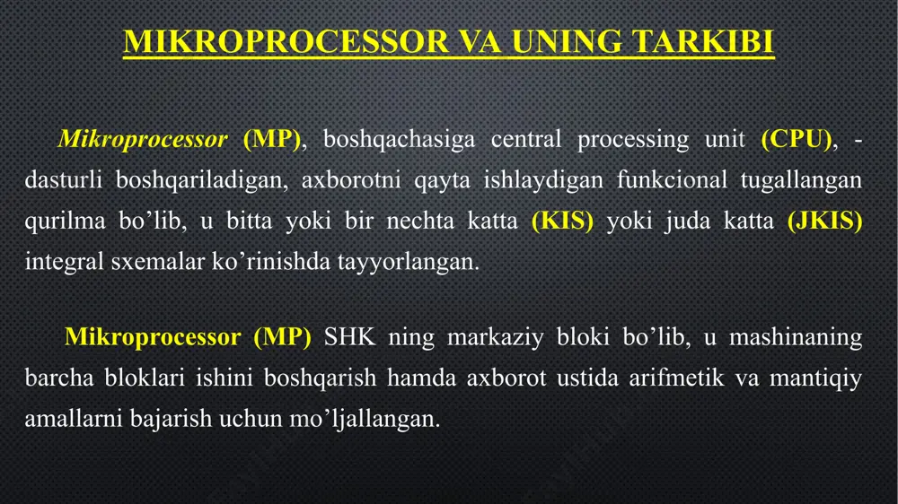 a’minlaydi. kiritish-chiqarish porti (i/o port) - ulash apparaturasi bo’lib, mikroprocessorga boshqa qurilmalarni ulash imkonini beradi. mikroprocessor quyidagi vazifalarni bajaradi: asosiy xotiradan (ax) buyruqlarni o’qish va deshifrlash (ochish); ma’lumotlarni ax dan va tashqi qurilmalar (tk) adapterlarining registrlaridan o’qish; so’rovlarni va buyruqlarni adapterlardan tk, larga xizmat ko’rsatish uchun qabul qilish va qayta ishlash; ma’lumotlarni qayta ishlash hamda ularni ax ga va tk, adapterlarining registrlariga yozish; shk ning barcha boshqa uzellari va bloklari uchun boshqaruvchi signallarni ishlab chiqish. birinchi mp 4004 mikroprocessori intel firmasi (aqsh) tomonidan 1971 yilda chiqarilgan. hozirgi vaqtda bir necha yuzlab turli mikroprocessorlar chiqarilmoqda, lekin eng ommaviy va keng tarqalgani intel va intel ga o’xshash firmalarning mikroprocessorlaridir. barcha mikroprocessorlarni 3 ta guruhga bo’lish mumkin: - cisc tipidagi (complex instruction set command) to’liq to’plamli buyruqlar tizimi bilan mp; - risc tipidagi (redused instruction set command) qisqartirilgan to’plamli buyruqlar tizimi bilan mp; - misc tipidagi (minimum instruction set command) minimal to’plamli buyruqlar …