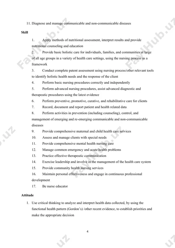 vels of healthcare settings · lead and manage nursing care services · engage in nursing education, research, and advocacy that will improve the nursing profession and services 5. specific objectives · apply the concepts and models of disease prevention and health promotion · apply methods of nutritional assessment, interpret results and provide nutritional counseling and education · demonstrate the ability to promote the health of populations by influencing lifestyle, nutrition, and socio-economic, physical, and cultural environment through methods of health promotion, including health education, directed towards populations, communities, and individuals · apply principles of diversity and provide culturally relevant service to all age groups · perform holistic nursing practices about current patient care information, professional practice standards, guidelines, rules, and regulations · provide a rationale for decisions and actions in matters related to the provision of care for clients · manage teamwork and collaborative performances across an array of functions …