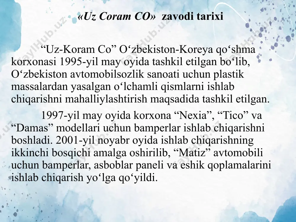 duz-uchburchak ulanish usuli o‘z vaqtida samarali yechim bo‘lgan bo‘lsa-da, hozirgi vaqtda texnologiyalar rivojlanishi natijasida undan ko‘ra qulay va samarali variantlar mavjud. shu sababli men amaliyot davomida tahlil qilingan dvigatel tizimini takomillashtirish bo‘yicha quyidagi yangilikni tavsiya qilaman: 7,5 kvt quvvatli asinxron dvigatel uchun chastota o‘zgartirgich (chastotnik) o‘rnatishni taklif qilaman. ushbu rasimda korxonaning omborida mavjud bo’lgan chastotniklar bilan tanishish jarayoni ko’rsatilgan . xulosa bitiruv oldi amaliyotimiz davrida “uz coram ko” korxonasida ishlab chiqarish jarayonlari, elektr yuritmalar va avtomatlashtirish tizimlari bilan yaqindan tanishish imkoniga ega bo‘ldim. ayniqsa, suv sovutish minorasiga suv yetkazib beruvchi 7,5 kvt quvvatli asinxron dvigatelning ishlash prinsipi va boshqaruv tizimi ustida amaliy kuzatuvlar olib bordim. ushbu dvigatelning an’anaviy yulduz-uchburchak sxemasi orqali ishga tushirilishi ishlab chiqarishda mavjud bo‘lgan ayrim cheklovlarni yuzaga chiqarayotganini aniqladim. shu asosda, men mazkur elektr yuritma tizimini chastota o‘zgartirgich (chastotnik) yordamida modernizatsiya qilishni tavsiya qildim. bu yechim orqali dvigatel ishga tushirish jarayoni yumshatiladi, energiya samaradorligi oshadi, tizimning avtomatlashtirish …