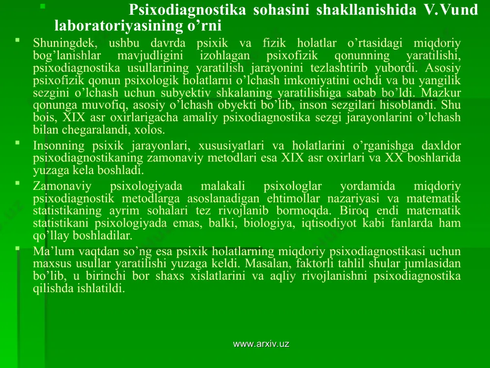 k asoslangan testlardan biri intellektga oid bo’lib, fransuz olimi a.bine tomonidan 1905-1907 yillarda ishlab chiqildi va keng ommaga e’lon qilindi. biroz vaqt o’tgach u boshqa fransuz olimi t.simon bilan hamkorlikda bu testni mukammallashtirdi va psixodiagnostika tarixiga “bine-simon testi” sifatida kirib keldi. xx asr 20-yillarining ikkinchi yarmida yangi psixologik, jumladan intellektual va shaxsga oid, turli jarayon va xususiyatlarning psixodiagnostikasini amalga oshiradigan testlar yuzaga kela boshladi. shuningdek, so’nggi miqdoriy xarakterdagi psixodiagnostik usullar qatoridan, ijtimoiy-psixologik tadqiqotlar bilan bog’liq bo’lgan sosiometrik testlar ham o’rin egallagan edi. www.arxiv.uz www.arxiv.uz psixodiagnostikaning xx asrdagi shakllanish davri psixodiagnostika xix asrning oxirida vujudga kelgan va individual-psixologik tafovutlarni o’rganuvchi fan sifatida, ularni o’lchashga, baholashga talabgor, intelekt o’lchamlari haqidagi bahs-munozaralarda toblangan holda yangi asr boshiga yetib keldi. qisqa vaqt mobaynida esa, aqliy galton shkalalaridan bine testlarigacha bo’lgan masofani bosib o’tdi. ma’lumki, psixodiagnostika yuzaga kelgan vaqtidan boshlab xix asr oxiriga qadar “intelekt”ni o’rganishdagi individual tafovutlarni o’lchashga mo’ljallangan edi. oldinda esa, xx asr, …