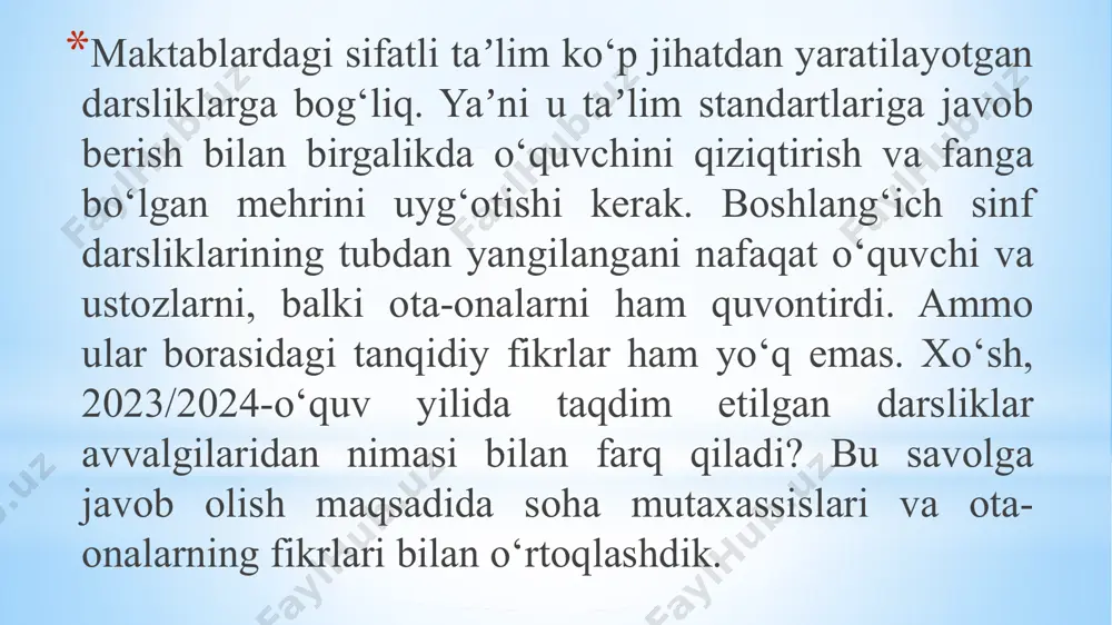 ‘ladi. oson ko‘rinishidagi masalalar ko‘p bo‘lgani uchun o‘zlashtirishi yaxshi bo‘lgan iqtidorli o‘quvchilar uchun qo‘shimcha adabiyotlardan foydalanishimizga to‘g‘ri kelardi. yangi chop etilgan matematika darsligida esa o‘qituvchi o‘quvchisining bilim darajasiga qarab, misollarni taqsimlab berishi mumkin. har bir o‘quvchi barcha masalalarni yechimini topishi shart emas. ularni darsdan tashqari, mustaqil bajarsa ham bo‘ladi, — deydi vohid hamidov. yangi ko‘rinishdagi matematika darsligi o‘qituvchiga qiyinchilik tug‘dirmaydimi? agar o‘quvchilarga barcha misol va masalalarni yechish majburiy bo‘lmasa, baholash tizimi qanday amalga oshiriladi. bu savolga quyidagicha javob beriladi. — kundan kunga iqtidorli o‘quvchilar ko‘payib boryapti. ilgari darslikdan tashqari, yana boshqa adabiyotlardan foydalanishga majbur bo‘lardik. iqtidorli o‘quvchi 45 daqiqalik dars davomida o‘n ikkita misol va masalani yecholadi. chunki unga bittasini tushuntirsangiz, qolganini o‘zi bajarib ketaveradi. ammo sinfda yaxshi o‘zlashtirolmaydigan o‘quvchilar ham bor. masalan, sinfda to‘rtta ana shunday o‘quvchi bo‘lsa, unga 6-8 ta misol bersak va javoblariga qarab baholaymiz. ota-onalarning darslik kitoblariga beeʼtibor emasligi hammani quvontiryapti. ijtimoiy tarmoqlarda yangi darsliklar borasidagi …