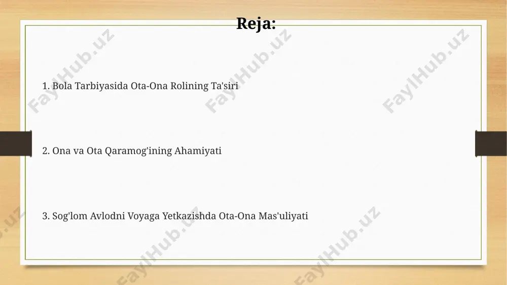 ularning ijtimoiy-emotsional salomatligiga ijobiy ta'sir ko'rsatadi. bolaning ijtimoiy-emotsional rivojlanishiga ota-onalarning iliq munosabati katta ta'sir ko'rsatadi, masalan, 2 yoshgacha bo'lgan bolalarda 70% dan ortiq hissiy muvozanat ota-ona muloqotiga bog'liq bo'ladi, bu esa keyinchalik ijtimoiy moslashuvchanlikka ta'sir qiladi. kognitiv rivojlanishga ta'sir o'rtacha 5 yoshli bolaning lug'at boyligi ota-onalar bilan bo'lgan muntazam muloqotga bog'liq bo'lib, masalan, daniya tadqiqotlarida kamida 1000 so'zli lug'at boyligi kuzatilgan. bolaning birinchi 3 yilida miya hajmi 3 baravar ortadi, bu davrda ota-ona qaramog'i kognitiv rivojlanish uchun muhim ahamiyatga ega bo'lib, aqsh tadqiqotlari buni tasdiqlaydi. ijtimoiy-emotsional rivojlanish kognitiv rivojlanish bilan chambarchas bog'liqdir, yaponiyaning tadqiqotlariga ko'ra, ota-onalarning iliq munosabati bolaning xotira va e'tiborini 20% ga yaxshilaydi. tavsiyalar va xulosa amerika qo'shma shtatlaridagi tadqiqotlar shuni ko'rsatdiki, ota-ona qaramog'ining etishmasligi bolalarda 15% ga o'rtacha intellektual rivojlanish ko'rsatkichlarini pasaytiradi va bu kelajakdagi ta'lim va kasbiy faoliyatga ta'sir qiladi. oilaviy terapiya markazlari tomonidan o'tkazilgan tadqiqotlar shuni ko'rsatadiki, toshkent shahrida 1000 ta oiladan 700 tasida ota-ona …