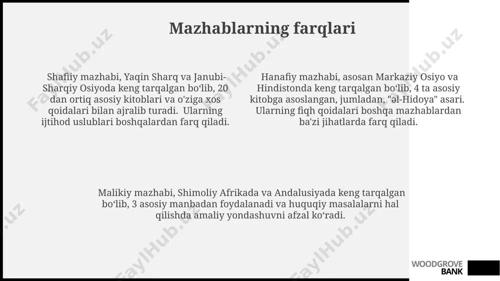 bi, abu hanifa tomonidan 8-asrda kufa shahrida asos solingan bo'lib, fiqhning asosiy maktablardan biri hisoblanadi va taxminan 1,5 milliarddan ortiq musulmon tomonidan amal qilinadi. uning ta'limoti muayyan huquqiy vaziyatlar uchun amaliy yondashuvni afzal ko'radi. woodgrove bank e'tiboringiz uchun rahmat @taqdimot_robot woodgrove bank