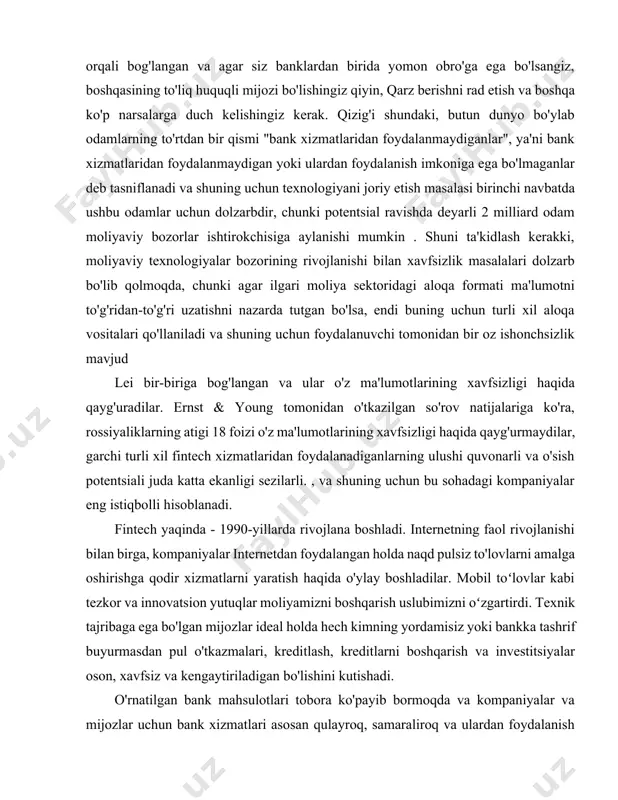 giyalar bozorining rivojlanishi bilan xavfsizlik masalalari dolzarb bo'lib qolmoqda, chunki agar ilgari moliya sektoridagi aloqa formati ma'lumotni to'g'ridan-to'g'ri uzatishni nazarda tutgan bo'lsa, endi buning uchun turli xil aloqa vositalari qo'llaniladi va shuning uchun foydalanuvchi tomonidan bir oz ishonchsizlik mavjud lei bir-biriga bog'langan va ular o'z ma'lumotlarining xavfsizligi haqida qayg'uradilar. ernst & young tomonidan o'tkazilgan so'rov natijalariga ko'ra, rossiyaliklarning atigi 18 foizi o'z ma'lumotlarining xavfsizligi haqida qayg'urmaydilar, garchi turli xil fintech xizmatlaridan foydalanadiganlarning ulushi quvonarli va o'sish potentsiali juda katta ekanligi sezilarli. , va shuning uchun bu sohadagi kompaniyalar eng istiqbolli hisoblanadi. fintech yaqinda - 1990-yillarda rivojlana boshladi. internetning faol rivojlanishi bilan birga, kompaniyalar internetdan foydalangan holda naqd pulsiz to'lovlarni amalga oshirishga qodir xizmatlarni yaratish haqida o'ylay boshladilar. mobil toʻlovlar kabi tezkor va innovatsion yutuqlar moliyamizni boshqarish uslubimizni oʻzgartirdi. texnik tajribaga ega bo'lgan mijozlar ideal holda hech kimning yordamisiz yoki bankka tashrif buyurmasdan pul o'tkazmalari, kreditlash, kreditlarni boshqarish va investitsiyalar oson, …