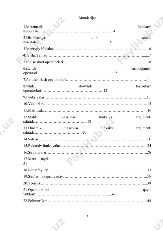 (math.sin(z), 2)); console.writeline("a=" +a); console.writeline("b="+b); } } } ---------------------------------------------------------------------------------------------------- 2.17: birinchi yanvar kuni dushanba bo‘lib, kabisa bo‘lmagan biror yilning k-kuni haftaning qaysi kuniga to‘g‘ri kelishi aniqlansin va bu qiymat n butun o‘zgaruvchiga o‘zlashtirilsin (). using system; using system.collections.generic; using system.linq; using system.text; using system.threading.tasks; namespace consoleapplication50 { class program { static void main(string[] args) { console.write("k ni kiriting: k= "); int k = int.parse(console.readline()); console.write("n ni kiriting: n= "); int n = int.parse(console.readline()); // berilgan yilning 1-yanvari uchun hafta kunini topish int day = (k + 6) % 7; // berilgan hafta kuniga to'g'ri keladigan yilning birinchi kuni uchun haftaning kunini topish int firstday = ((n - day) + 7) % 7; // natijani ko'rsatish console.writeline("yilning k -kuniga to'g'ri keladigan kun bu: " + (weekday)firstday); } } // hafta kunlari uchun enum operatori enum weekday { yakshanba, dushanba, seshanba, chorshanba, payshanba, juma, shanba } } ---------------------------------------------------------------------------------------------------- 3.17: mantiqiy a,b,c o‘zgaruvchilar …