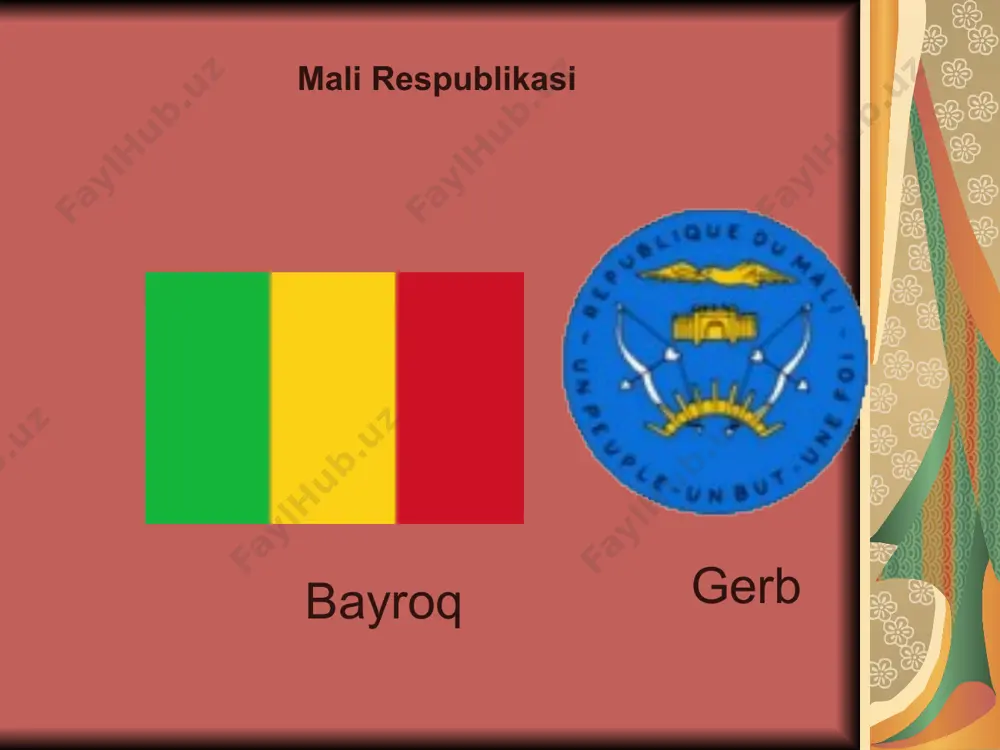 ng 30 dan ko`proq korxonasi barpo etildi. biroq mahsulot i.ch. hajmi jihatidan hunarmandchilik hamon ustun. sanoat i.ch.ning yarmiga yaqini q.x. xom ashyosini qayta ishlash tarmog`iga to`g`ri keladi. paxta tozalash, sholi oqlash, yer yong`oq va chigit yog`i, sabzavot va meva konservalari z-dlari bor. to`qimachilik k-tlari, kanop, ko`n-poyabzal, sement z-dlari barpo etilgan. keyingi yillarda velosiped va moped, tranzistor yig`ish, metall kon-sturkiiyalar, mebel, kemasozlik korxonalari, traktor taʼmirlash ustaxonalari barpo etildi. yiliga o`rtacha 200 mln. kvtsoat dan ko`proq elektr energiya hosil qilinadi. m.da asosiy transport turi — avtomobil. avtomobil yo`llari uz. — 18 ming km, shundan 3 ming km qattiq qoplamali. temir yo`llari uz. — 720 km. m.ning dengizga chiqish yo`li yo`q. tashqi savdo yuklari senegal va kot-d’ivuar orqali tashiladi. mamlakatda 10 aeroport, jumladan, bamakoda xa-lqaro aeroporti bor. m. chetga paxta, yeryong`oq, chorva va baliq mahsulotlari, gazlama, kalava ip, oltin, olmos sotadi. chetdan neft mahsulotlari, oziq-ovqat, mashina va uskunalar, qurilish materiallari, kimyoviy mollar va …