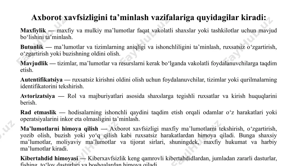 mumkin. intellektual mulkni himoya qilish — axborot xavfsizligi maxfiy ma’lumotlar, tijorat sirlari va intellektual mulkni himoya qilishga yordam beradi. insayder tahdidlarni yumshatish — xavfsizlik choralari tashqi ishtirokchilar va ichki xodimlarning zararli harakatlarining oldini oladi. risklarni boshqarish — axborot xavfsizligi tashkilotning risk va potentsial majburiyatlarga duchor boʻlishini kamaytiradi. risk haqida tushuncha va uning axborot xavfsizligidagi roli axborot xavfsizligi kontekstidagi risk - bu texnologik tizimlarda, raqamli tarmoqlarda va bugungi raqamli landshaftni belgilaydigan koʻp sonli elektron oʻzaro ta’sirlarda mavjud zaifliklar tufayli yuzaga keladigan noxush hodisalar yoki natijalar ehtimoli. risk oʻz mohiyatiga koʻra, muhim ma’lumotlar, jarayonlar va tizimlarga ruxsatsiz kirish, uzilishlar yoki buzilishlarni izlovchi tajovuzkorlar yoki tashqi agentlar tomonidan zaifliklardan foydalanish ehtimoli bilan bogʻliq. axborot xavfsizligi sohasida muhim ahamiyatga ega boʻlgan asosiy jihat risk va uning domen ichidagi murakkab oʻzaro ta’sirini tushunish atrofida aylanadi. ushbu mavzu koʻp qirrali risk kontseptsiyasini batafsil oʻrganadi va uning muhim raqamli vositalarni himoya qilishni ta’minlash uchun qoʻllaniladigan strategiyalar va …
