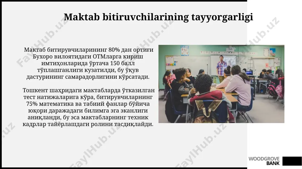 platformalarini qo'llash orqali ta'lim sifati yaxshilanishi mumkin. woodgrove bank maktabni modernizatsiya qilish o'zbekistonning qishloq hududlaridagi 300 ga yaqin maktabda internetga ulanishni ta'minlash va 5000 dan ziyod kompyuter bilan jihozlash orqali maktablarni raqamlashtirish rejalashtirilgan. maktabni modernizatsiya qilish samarqand viloyatida 2023-yilda 50 ta maktabda yangi texnologiyalarni joriy etish va 1000 dan ortiq o'qituvchini qayta tayyorlashni o'z ichiga oladi. woodgrove bank maktab o'qituvchilarining ahamiyati andijon viloyatida 1000 dan ortiq maktab o'qituvchisi innovatsion usullarni qo'llab, o'quvchilarning bilim olishga bo'lgan qiziqishini 20% ga oshirgan va o'rtacha ballarni 5 ballga ko'targan. o'qituvchilarning 30% dan ortig'i buxoro shahridagi malaka oshirish kurslarida qatnashgan bo'lib, zamonaviy pedagogik texnologiyalarni qo'llash orqali o'quv jarayonini 15% ga yaxshilashga erishgan. woodgrove bank maktabda o'quv jarayonini tashkil etish maktabda 1-sinf o'quvchilari uchun 45 daqiqalik, 5-sinf o'quvchilari uchun esa 60 daqiqalik darslar o'tkazilishi, andijon viloyatidagi maktablarda qo'llaniladigan "ikki soatlik" o'quv tizimi bilan taqqoslaganda, o'quvchilarning charchoq darajasini kamaytiradi. maktabda o'quv jarayonini tashkil etishda 15-25 o'quvchidan iborat …