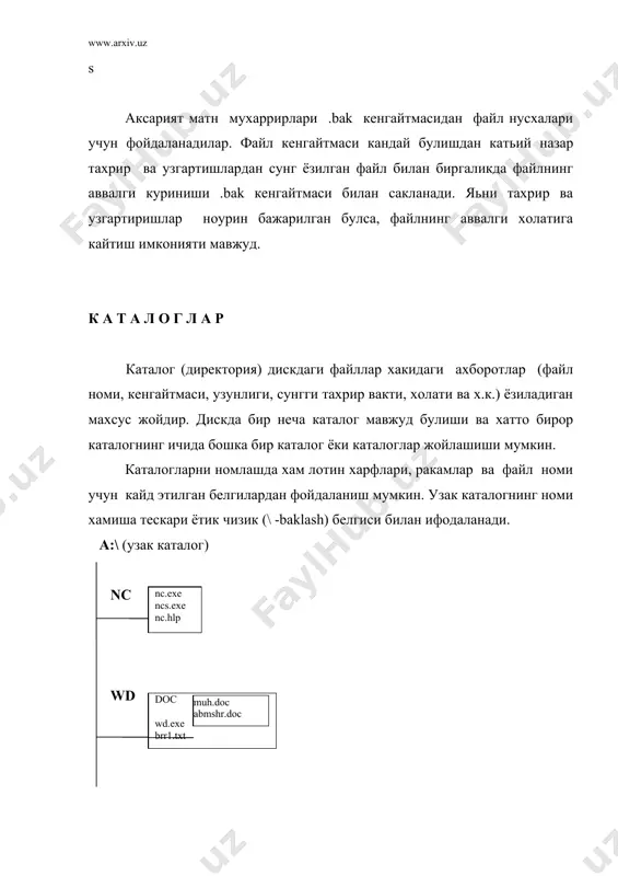 ми каби булиши керак эканлигини билдиради. намунадаги буйрук куйидаги куринишда хам киритилиши мумкин эди: copy a:abmshr b:abmshr буйрук бажарилгач, ms dos нечта файлдан нусха олинганлиги хакида хабар беради: 1 file(s) copyed (1 файлдан нусха олинди) агарда нусха олинаётган файл номи нотугри курсатилса, куйидаги хабар чикарилади: file not found ( файл топилмади) файллар тупламидан нусха олиш учун никоб белгиларидан фойдаланиш керак булади. масалан, жорий диск ёки каталогдаги кенгайтмаси .txt булган барча файллардан а: дискга нусха олиш учун буйрук куриниши куйидагича булади: copy *.txt a: фараз килайлик а: жорий дискда .txt кенгайтмали файллар куйидагича булсин: lada.txt sony.txt toto.txt бу вазиятда ms dos нусха олинган файллар номи ва сони хакида ахборот беради: a: lada.txt a: sony.txt a: toto.txt 3 file(s) copied (3 файлдан нусха олинди) нусха олинаётган файллар учун дискда етарлича жой булмаса, ms dos кучирилаётган файллар учун жой етарли эмаслиги ва нечта файлдан нусха олингани хакида хабар беради. нусха олиш чогида хосил …