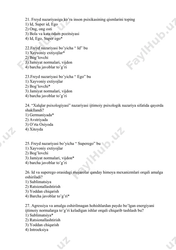 gelm vundt 3) aristotel 4) m. lasarus va g. shteyntall 34. ijtimoiy xulq-atvor instinktlari nazariyasi asoschisi kim? 1) serj moskovich 2) uilyam makdugall* 3) aristotel 4) m. lasarus va g. shteyntall 35.qaysi nazariya bo’yicha “barcha ongli harakatlarning boshi ongsizlikdur” fikrlari olg’a suriladi? 1) xalqlar psixologiyasi nazariyasi 2) omma psixologiyasi nazariyasi 3) ijtimoiy xulq atvor instinktlari nazariyasi* 4) jamiyat rivojlanishi nazariyasi 36. ijtimoiy xulq-atvor instinktlari nazariyasi qachon shakllangan? 1) 20 asrning boshida* 2) 19 asrning o’rtalarida 3) 21 asrda 4) 20 asrning oxirida 37. ijtimoiy psixologiyada kuzatuv metodining nechi turi mavjud? 1) 2 turi 2) 3 turi* 3) 4 turi 4) 6 turi 38. kuzatishning qaysi turida kuzatilish obyektlari o’zlarining kuzatilayotkanliklarini bilmaydilar va kuzatuvchini guruxning azosi sifatida qabul qiladilar? 1) qo’shilib kuzatish* 2) tashqi kuzatish 3) muhim vaziyatlarni qayd etish 4) longityud 39. kuzatiluvchilar faoliyatiga aralashmagan holda ularning tashqi xulq-atvorini qayd qilish kuzatuv metodining qaysi turiga kiradi? 1) qo’shilib kuzatish 2) …