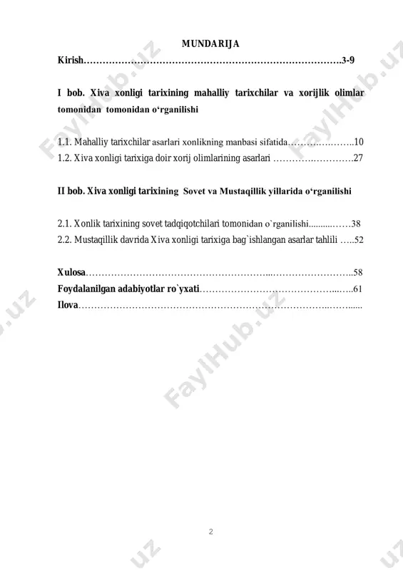 yasini qaytadan tashkil etish to‘g‘risida”gi farmonida4 xorazmning shaharsozlik va davlatchilik tarixini o‘rganish masalasi ilgari surilgan.o‘zbekiston respublikasi mustaqilligi sharoitida xorazm vohasining xix asr ikkinchi yarmi-xx asrning 20-30 yillari davri tarixshunosligini yoritish, turli davrlarda amalga oshirilgan tadqiqotlar natijalari asosida davlatchilik muammosining o‘rganilishiga haqqoniy baho berish muhim vazifalardan biriga aylandi. zero, xiva xonligining xix asrning ikkinchi yarmi xx asr 20-30 yillari davri tarixi keng o‘rganilgan bo`lsa-da, lekin sovet davri tarixshunosligida turlicha qarashlar mavjud bo`lgan. xix asr boshida ushbu sulola vakillari hokimiyat tepasiga kelgandan keyin jamiyatda mavjud bo‘lgan nisbatan barqarorlik va osoyishtalik jarayoni xonlikning taraqqiy qilishiga asos 1постановление кабинета министров республики узбекистан от 27 июля 1998 г. «о совершенствовании деятельности института истории академии наук республики узбекистан» //народное слово. 1998, 28 июля. 2каримов и.а. тарихий хотирасиз келажак йўқ. тарихчи олимлар ва журналистлар билан учрашув / биз келажагимизни ўз қўлимиз билан қурамиз. – т.: ўзбекистон, 1999. vii-жилд.– б. 136. 3каримов и.а. хива шаҳрининг 2500 йиллигига бағишланган …