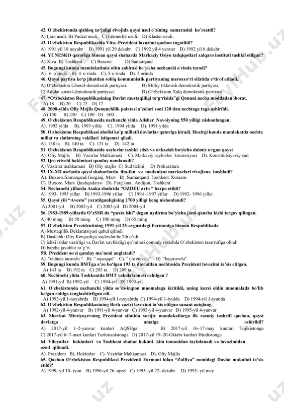 urishi, madaniy saviyasi, bir so’z bilan aytganda, tarbiyasi bilan bog’liq. ushbu so’zlar muallifini toping. a) sh. mirziyoyev b) i. karimov c) a.avloniy d) a. qodiriy 21. o’zbekiston respublikasi vazirlar mahkamasi huzurida «el-yurt umidi» jamg’armasi qachon tashkil etildi? a) 2017-yil iyunda b) 2019-yil avgustda c) 2018-yil sentabrda d) 2016-yil oktabrda 22. 2020 yilning 23-sentabrda qabul qilingan "ta‘lim to‘g‘risida" gi qonunning 10-bobi qanday nomlandi? a) o‘rta ta‘lim tizimida davlat nazorati. b) maktabdan keying ta‘lim tizimida davlat nazorati. c) ta‘lim sohasidagi xalqaro hamkorlik. d) maktabgacha ta‘lim tizimida davlat nazorati. 23. xx asrning 80-yillarining oxirlariga kelib o`zbekistonda 100 dan ortiq millat va elatlar istiqomat qilib, ularning necha foizini o`zbeklar tashkil etgan. a) 71,4 foizini b) 81,4 foizini c) 86,4 foizini d) 88,4 foizini 24. o`zbekistonning “yoshlarga oid davlat siyosati to`g`risida”gi qonunning yangi tahriri qachon qabul qilingan? a) 2015 yil 1 sentyabrda b) 2017 yil 14 sentyabrda c) 1996 yil 5 avgustda d) 2016 yil …